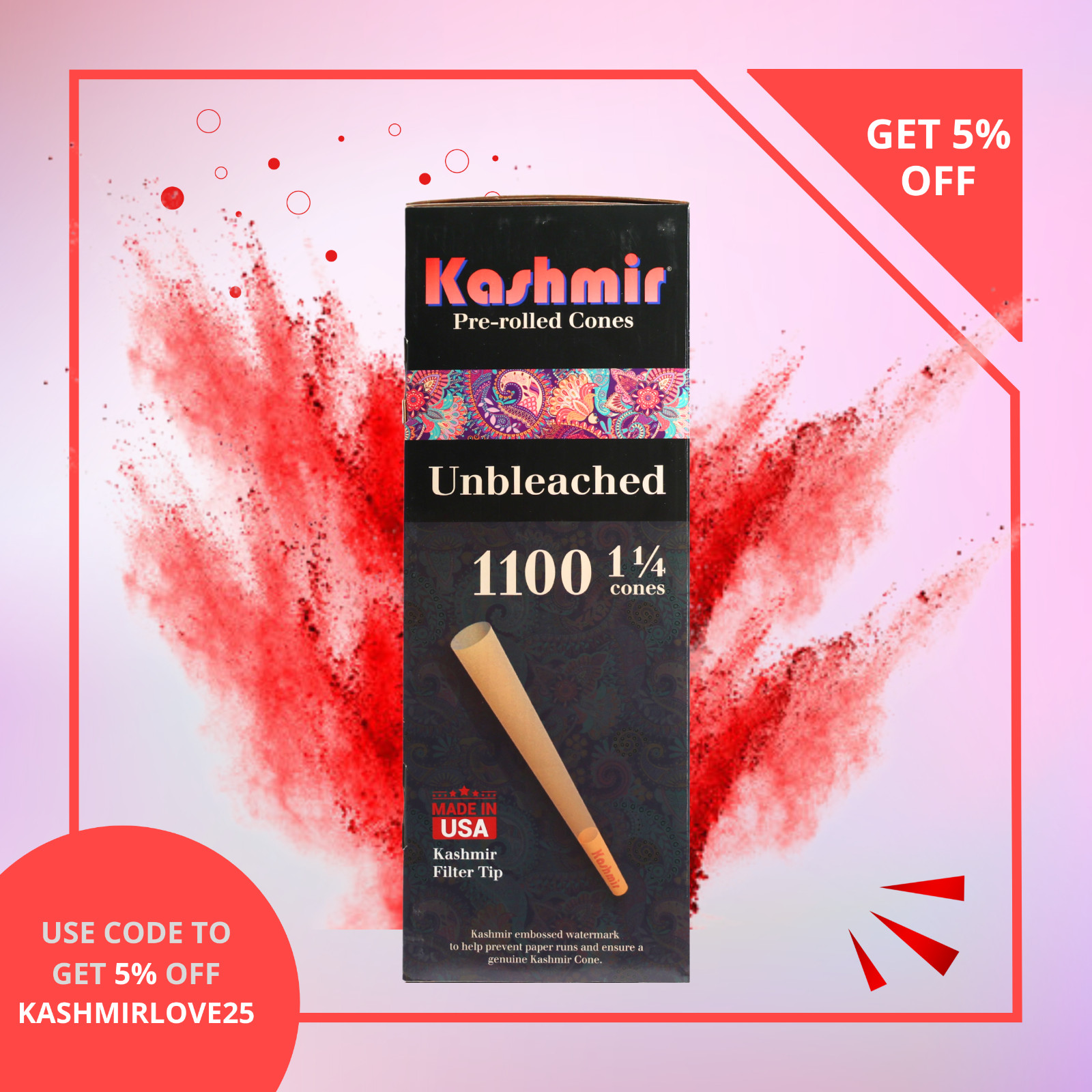 Pre Rolled Cones 1 1/4 Size Bulk 1100 Unbleached Rolling Paper Cones by Kashmir
