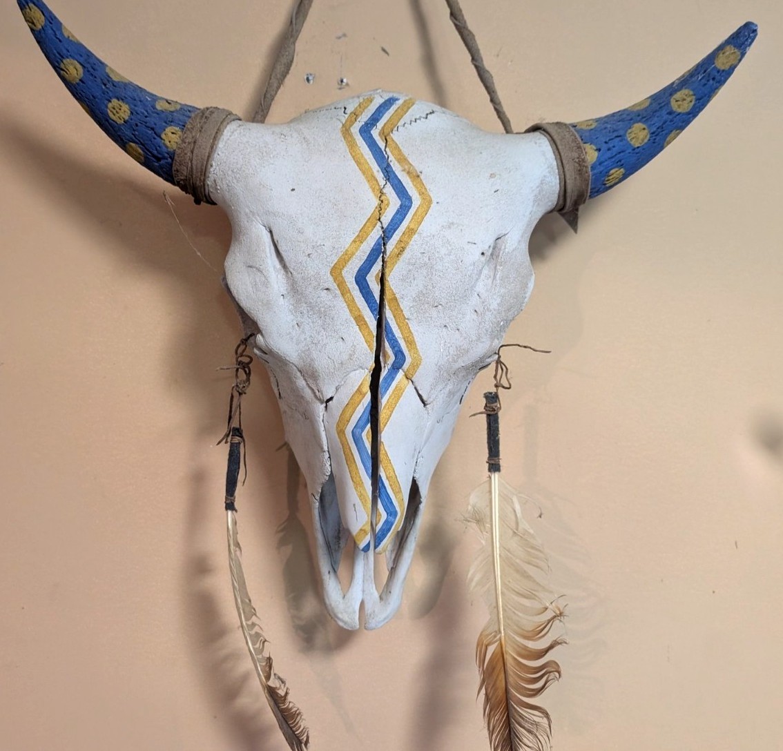 Native Hand Painted Buffalo Skull Blue And Yellow, Thunderbolts, Hung By Hyde