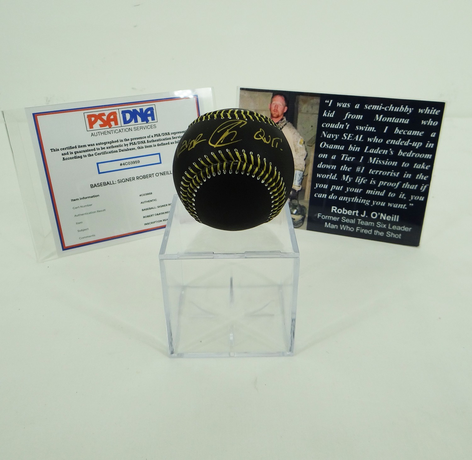 Robert O'Neill Signed Midnight Gold Baseball Inscribed “Never Quit” w/ PSA COA