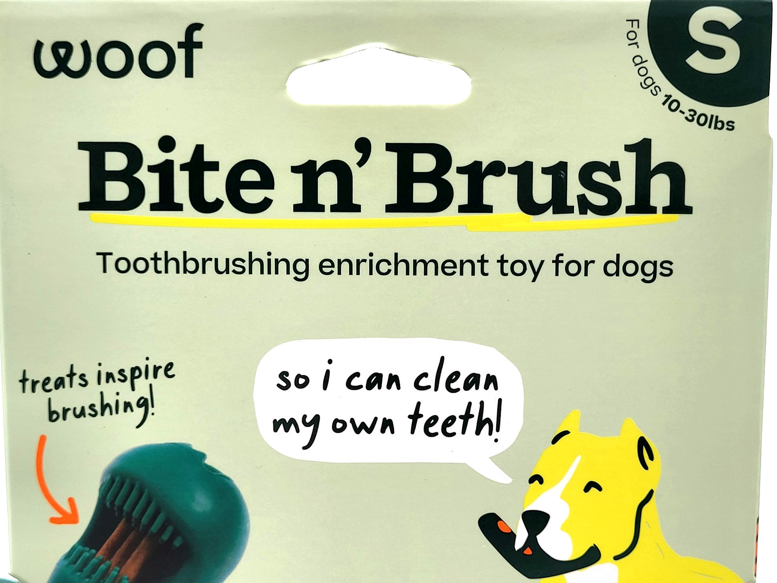 Woof Bite n' Brush Small Treat Holder Toothbrush Tough Non Toxic For Dogs 7"