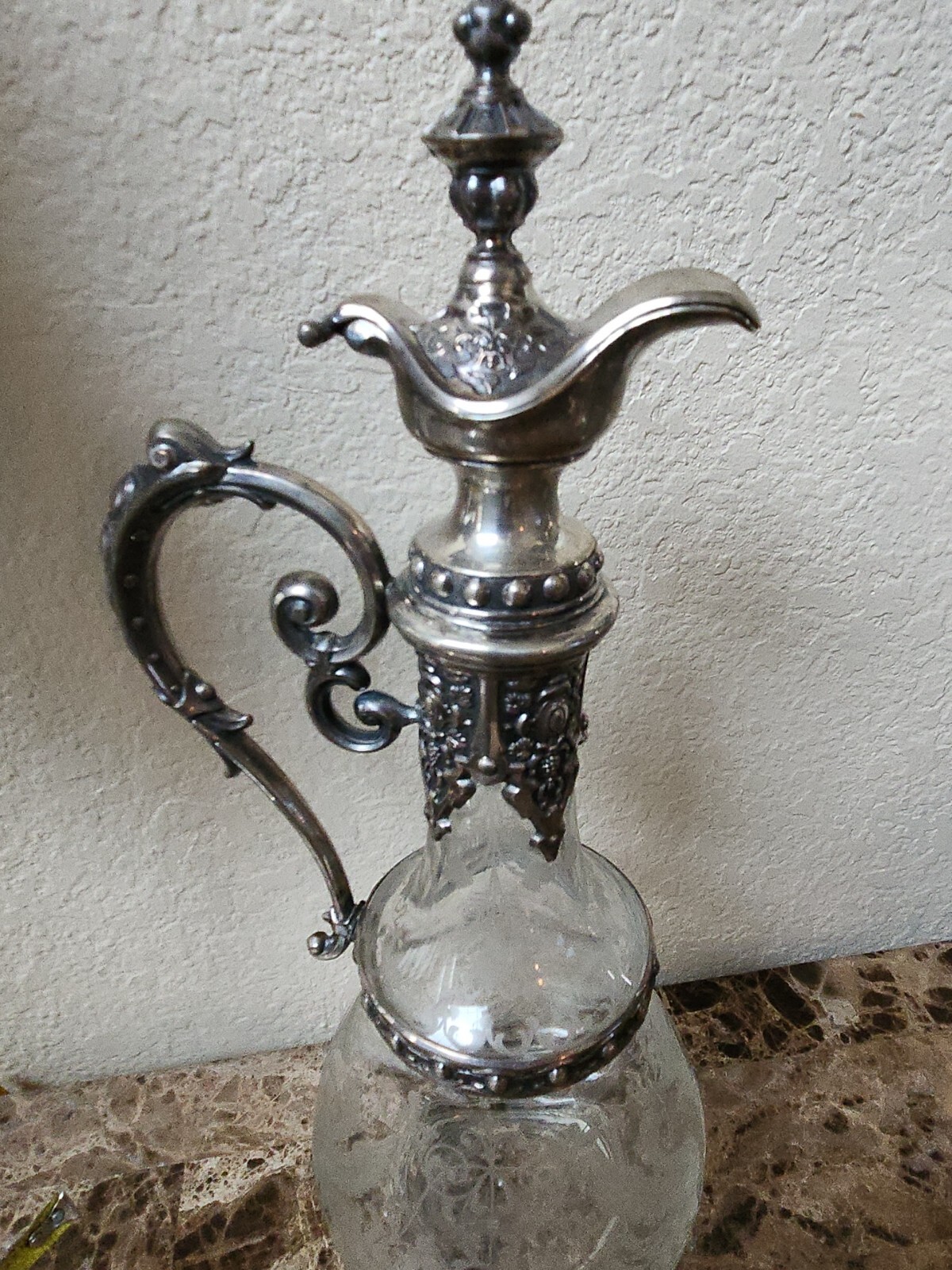 RARE Antique Circa Art Nouveau Silver Plate Etched Glass Claret Jug decanter