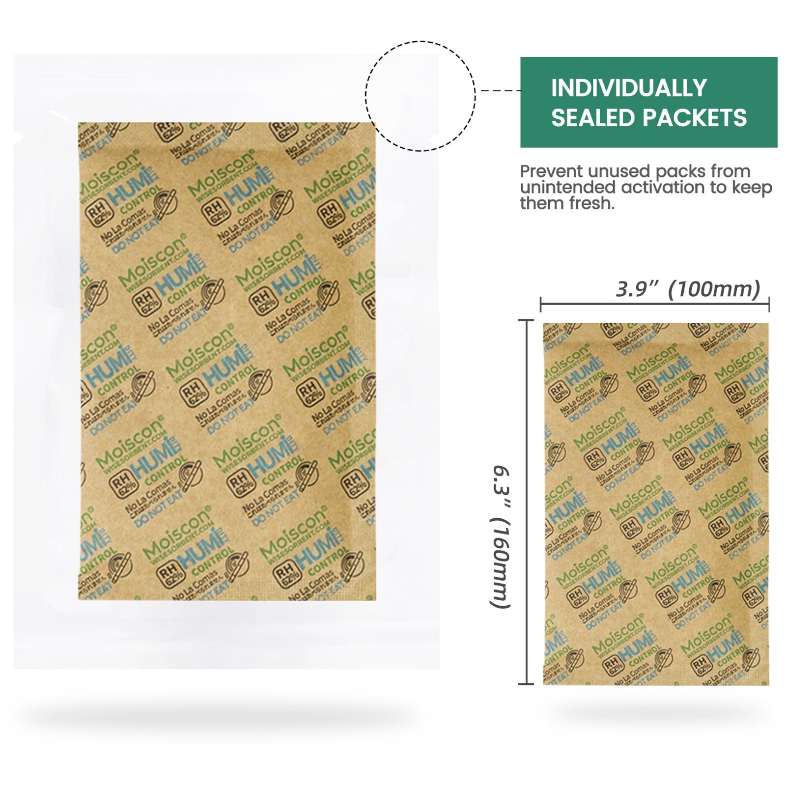 62% RH 67 Gram 2-Way Humidity Control Packs for Storing 1lb Individually Wrapped