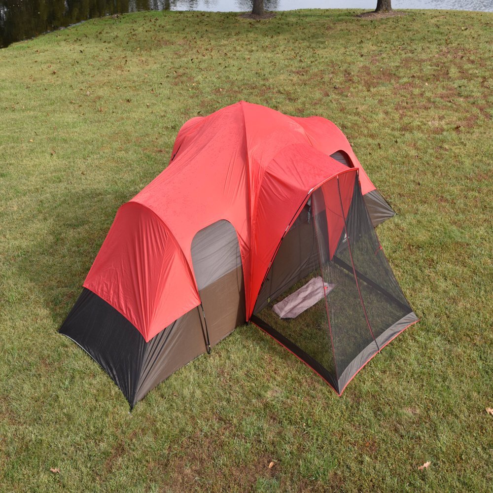Large Outdoor Camping Tent, 10-Person 3-Room Cabin Screen Porch Waterproof Red