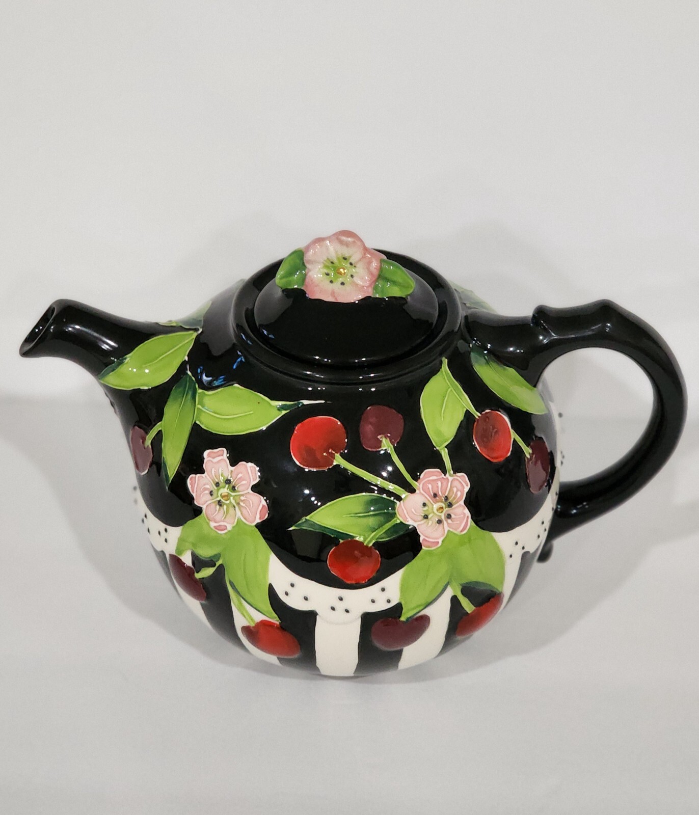 Blue Sky ICING ON THE CAKE Cherry Teapot Ceramic Floral Black White Engelbreit