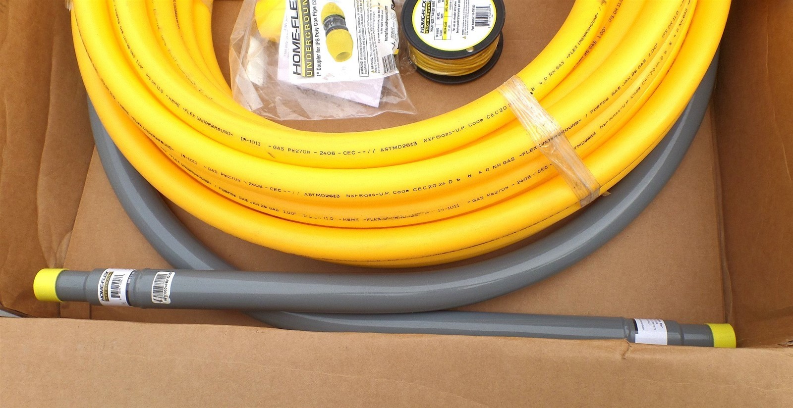 HOME-FLEX YELLOW UNDERGROUND 1" IPS KIT 100FT PIPE, 2XCOUPLERS, 2XMETER RISERS