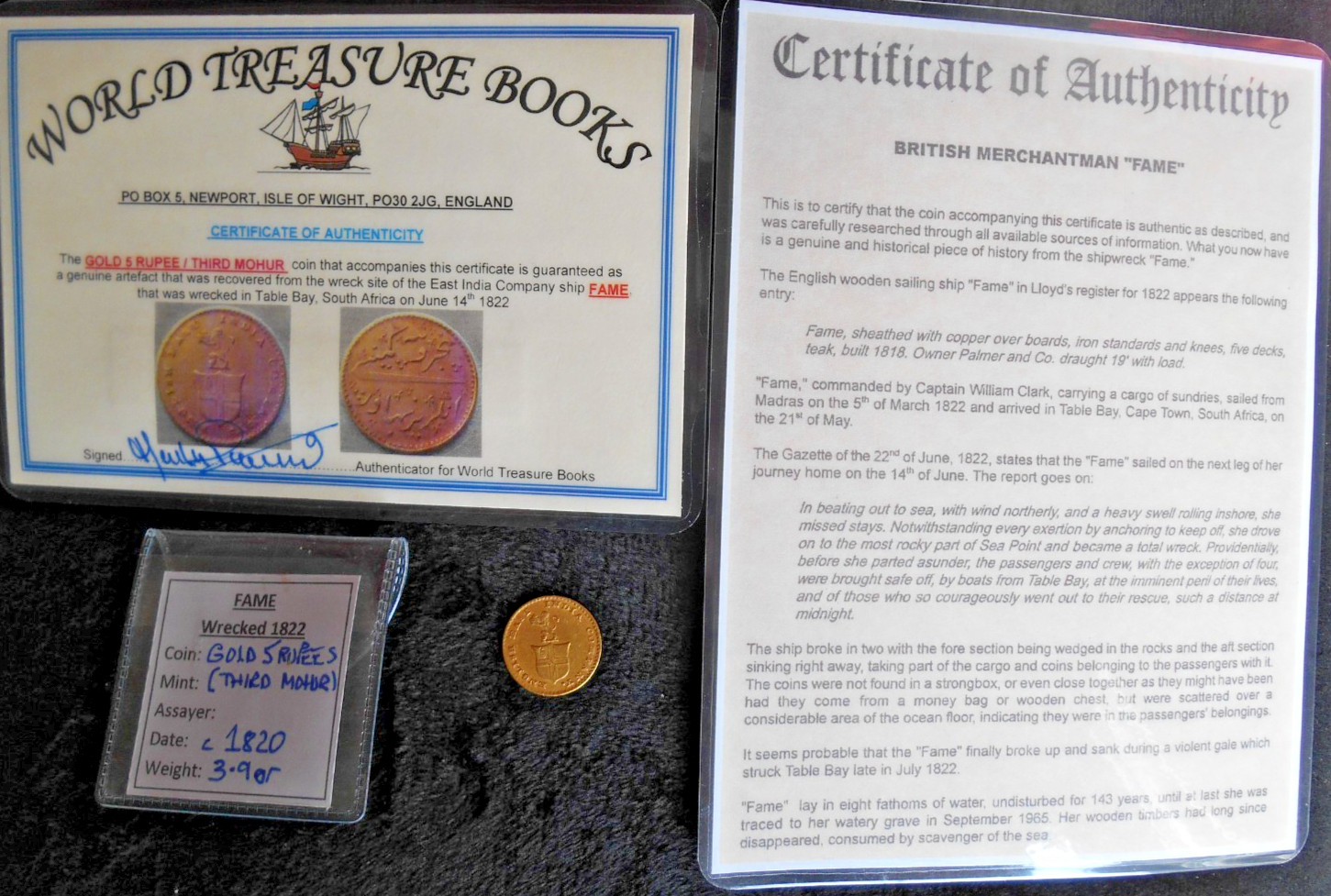 SHIPWRECK treasure GOLD 5 RUPEE coin MOHUR EAST INDIA CO ship FAME wreck 1819/20