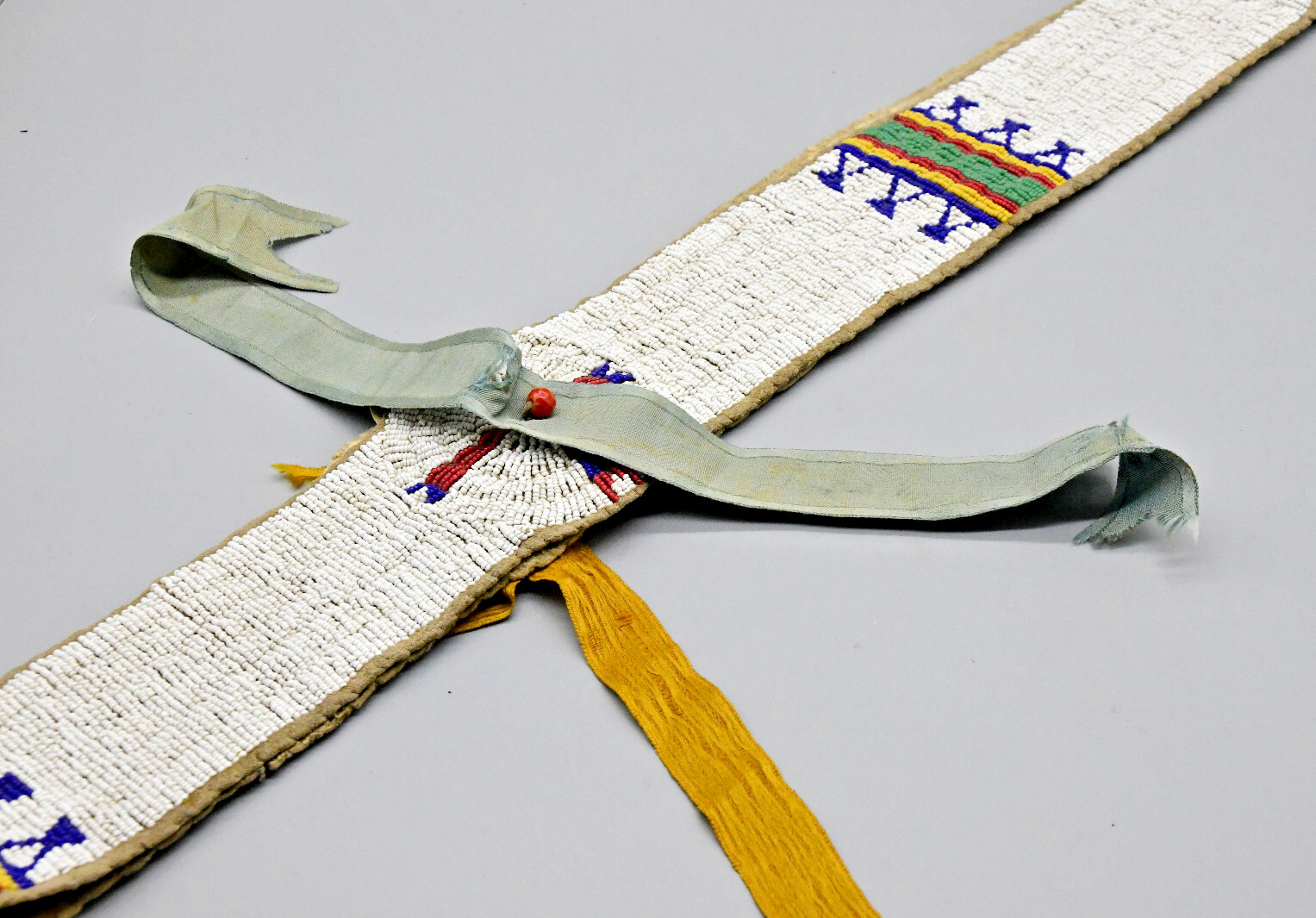 1890s Sioux Woman's Beaded Hide Blanket Strip w/Silk Ribbons 58" Long 2.75" Wide