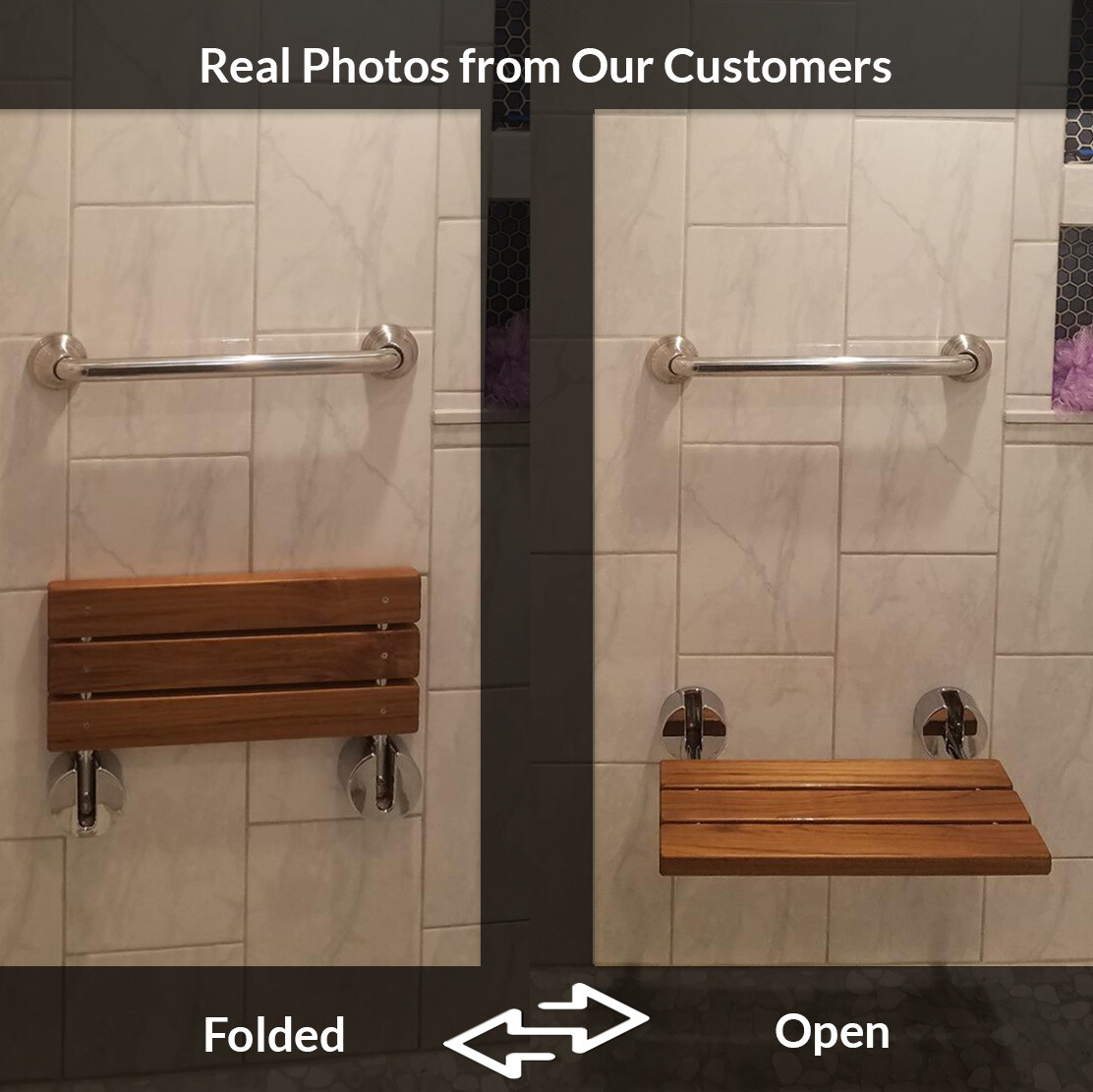 Clevr 20in Teak Folding Shower Seat Bench Wall Mount, New