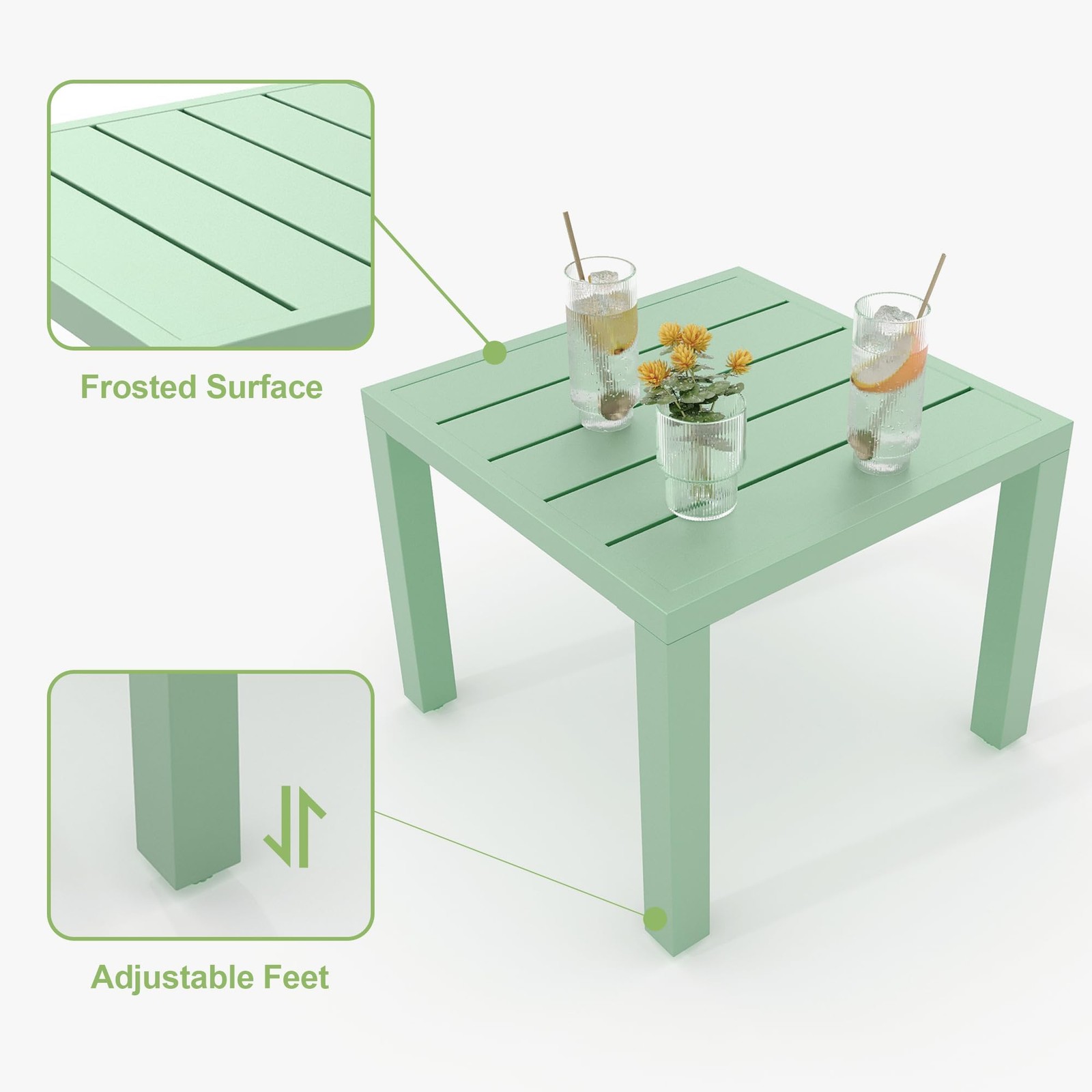 3-Piece Outdoor Bistro Set Stackable Patio Chairs Square Table Metal Light Green