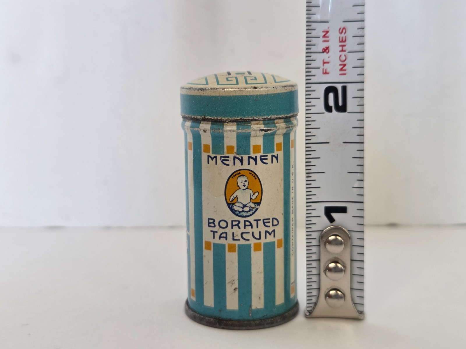 Vintage Mennen Borated Talcum Tin Baby Powder USA Sample Size Advertising Empty