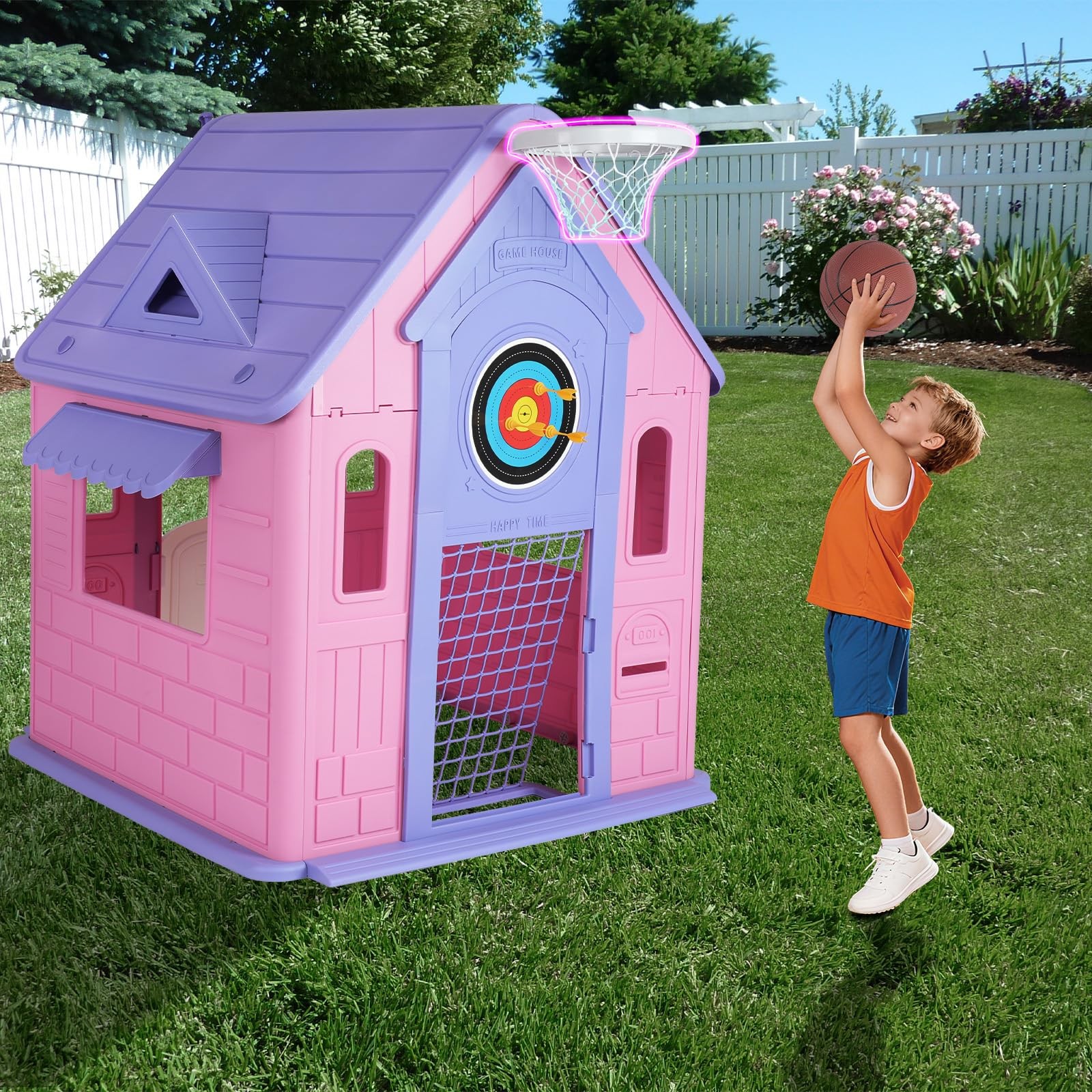Kids Cottage Playhouse Indoor Outdoor Magnetic Dartboard Basketball Ring Toss So
