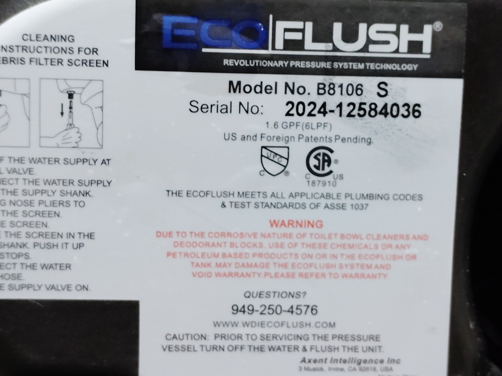EcoFlush B8106 1.6 GPF 6 LPF Pressure Assisted Flush System Single Control - NEW