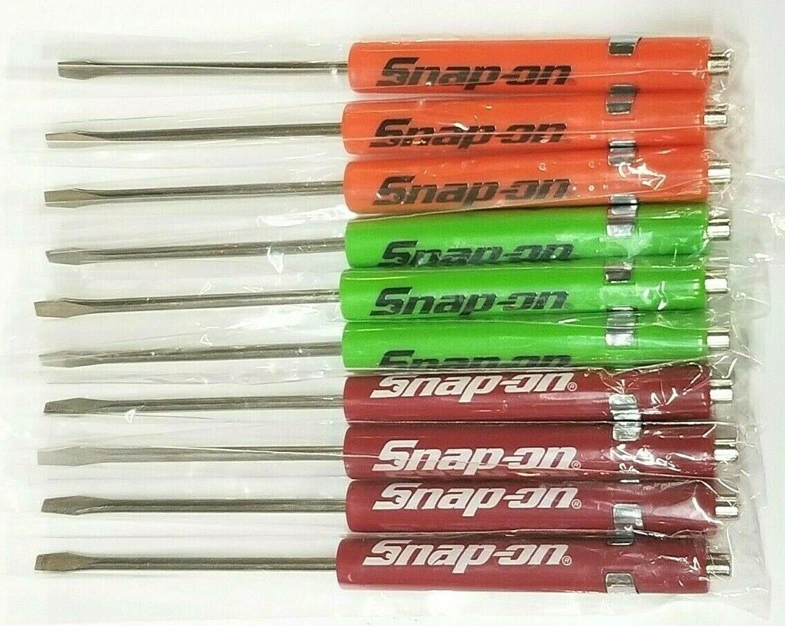 (10)TEN Snap on Pocket Screwdriver Flat Tip Screwdrivers, Magnet End, MIXED .NEW