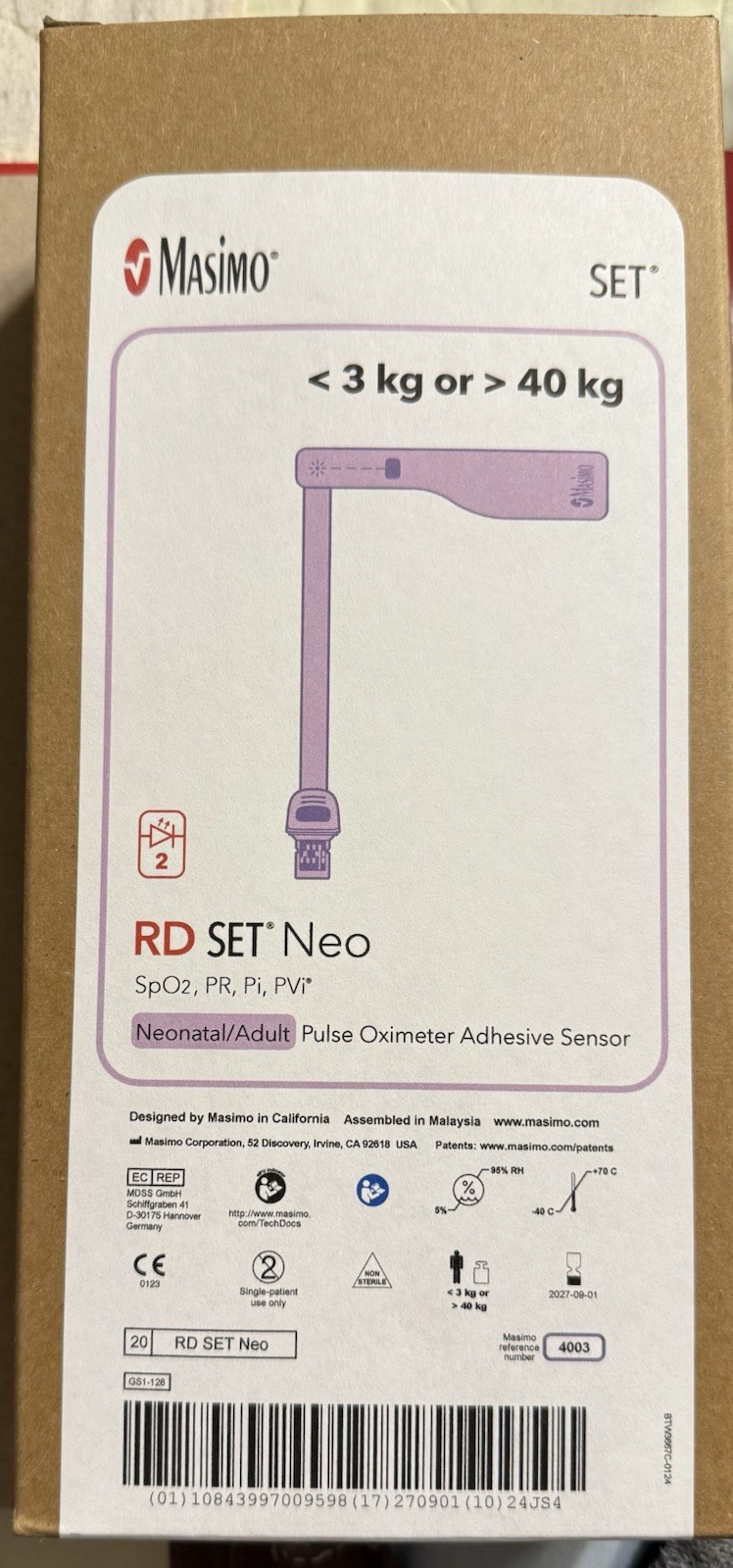 Masimo RD Set Neo Pulse Oximeter Adhesive Sensor 3kg-40kg REF 4003 Exp Aug 2028
