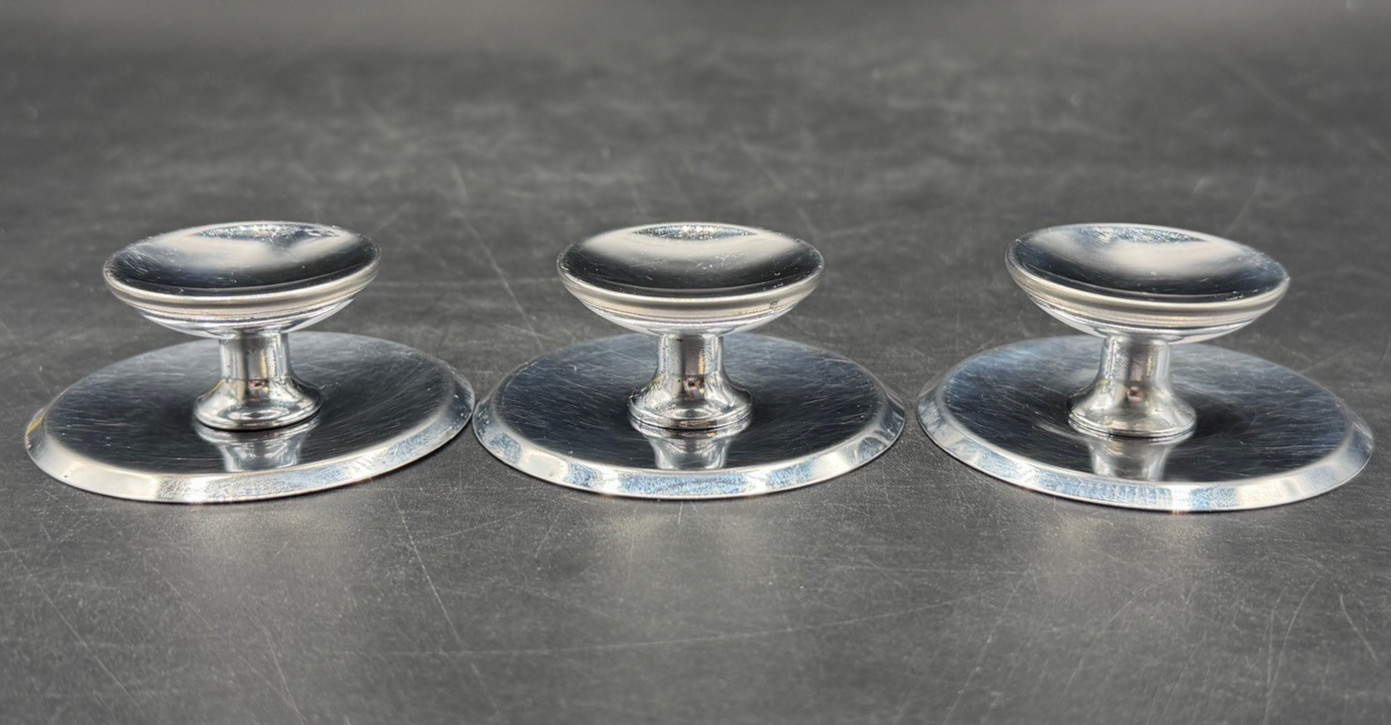 3 Vintage Chrome Concave Round Pull Knobs w/ Matching Backplates & Screws.
