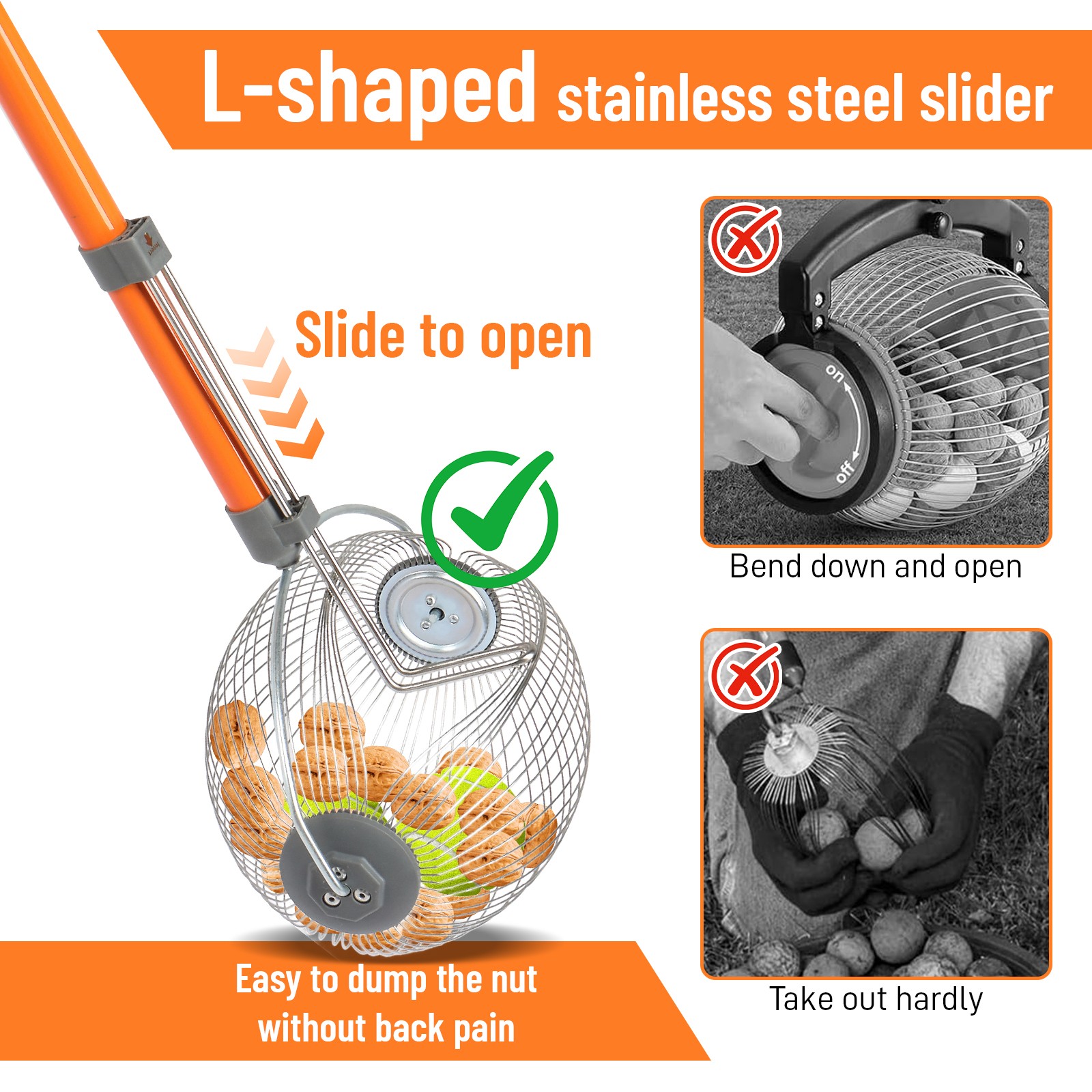 Garden Weasel Large Nut Gatherer Weather and Rust Resistant, Long Pole