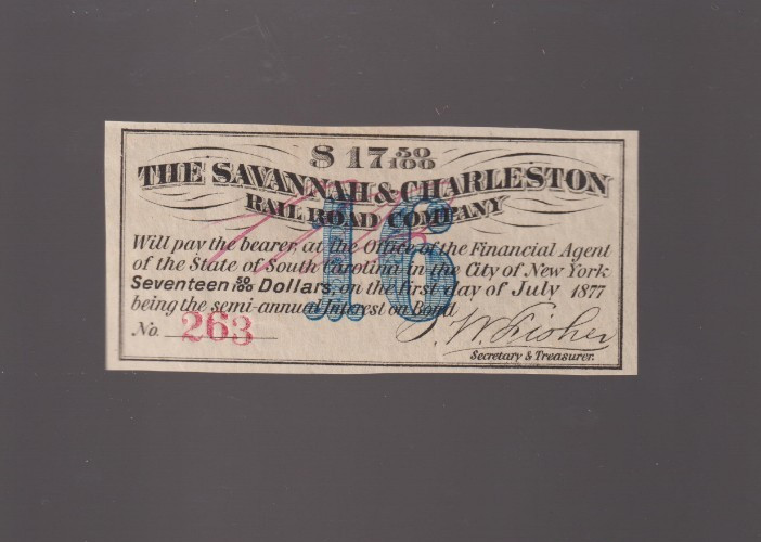 South Carolina Savannah & Charleston Rail Road $17.5 SC Bond Coupon pay New York
