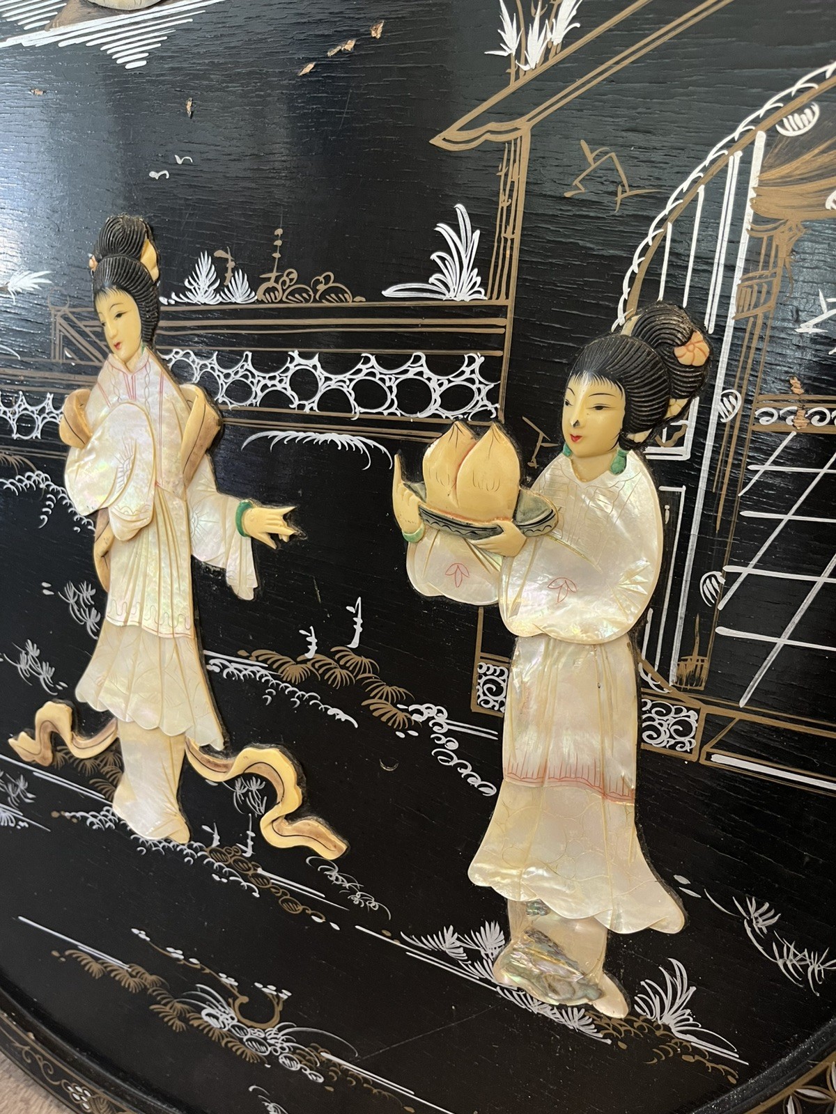 VTG 5 Asian Oriental BLACK Lacquer Mother of Pearl Wall Panels 36H x 11,5W, 30”