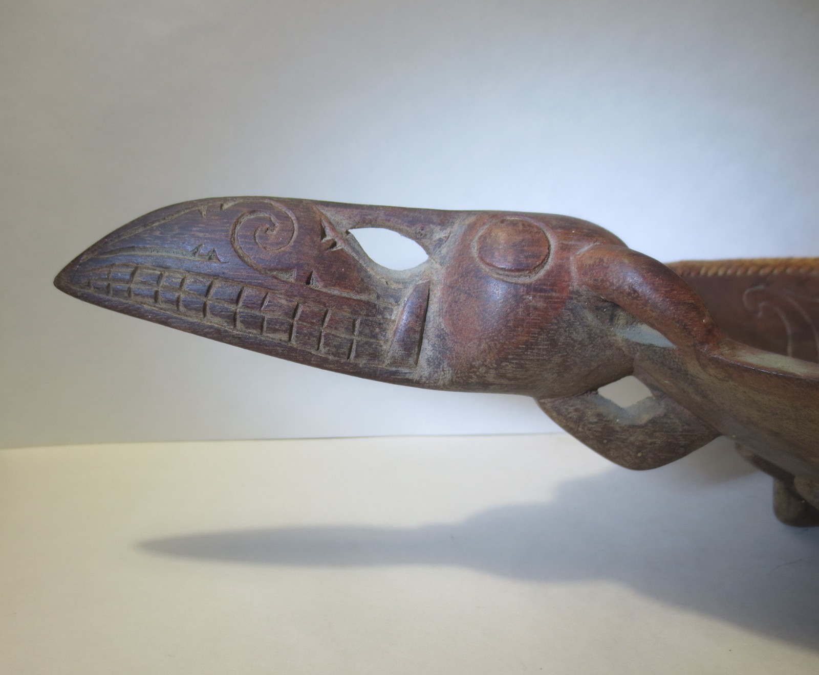 RARE! ANTIQUE! c1900 BORNEO "ASO DRAGON" CARVED WOOD BOWL w WEAVED RATTAN RIM