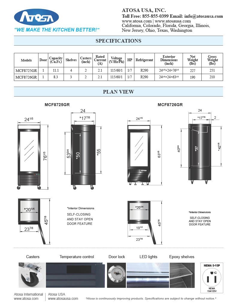 Atosa MCF8725GR, 1 GLASS Door REFRIGERATOR