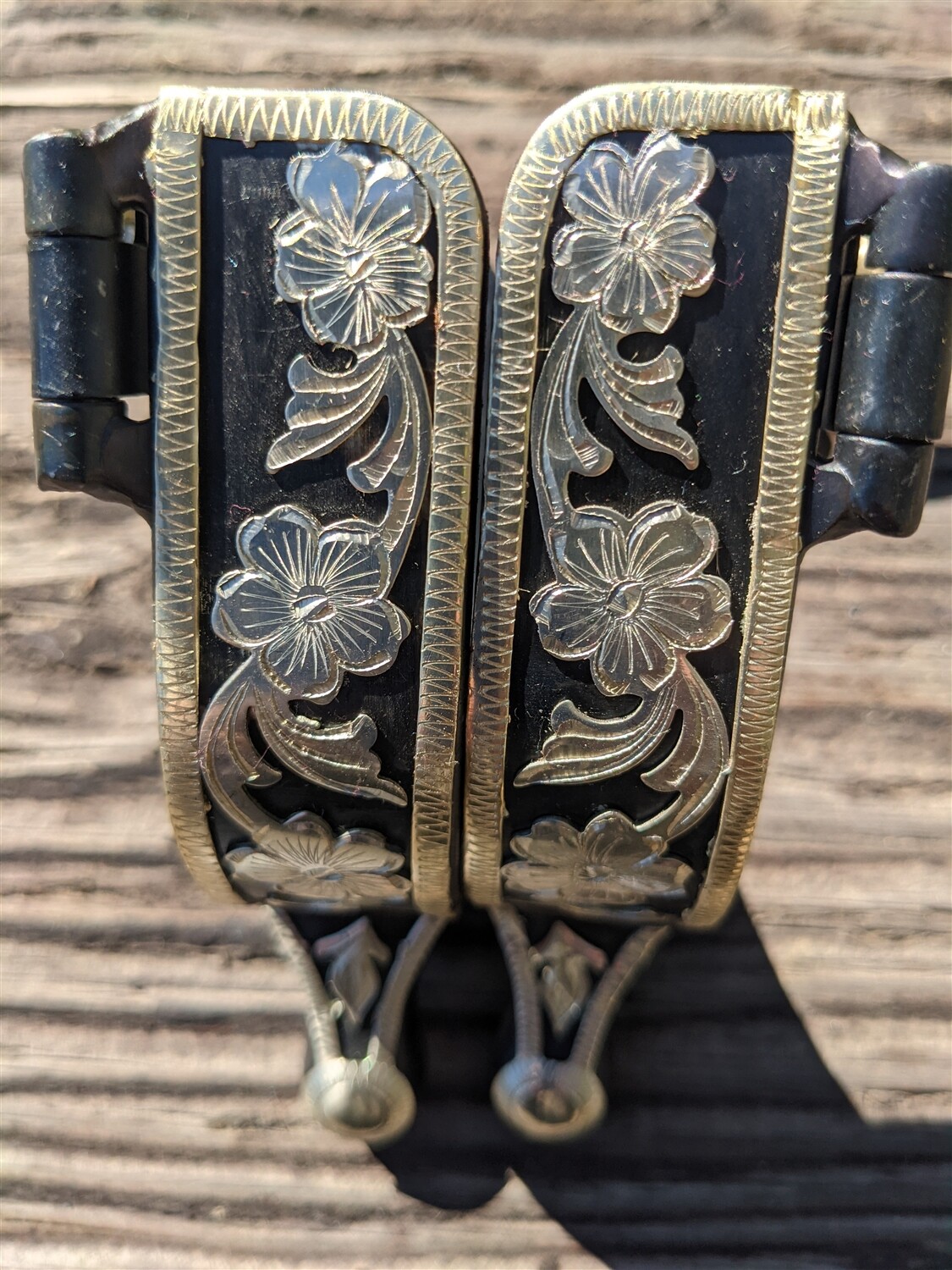 Western Ball End Spurs - Black Iron and Silver Floral