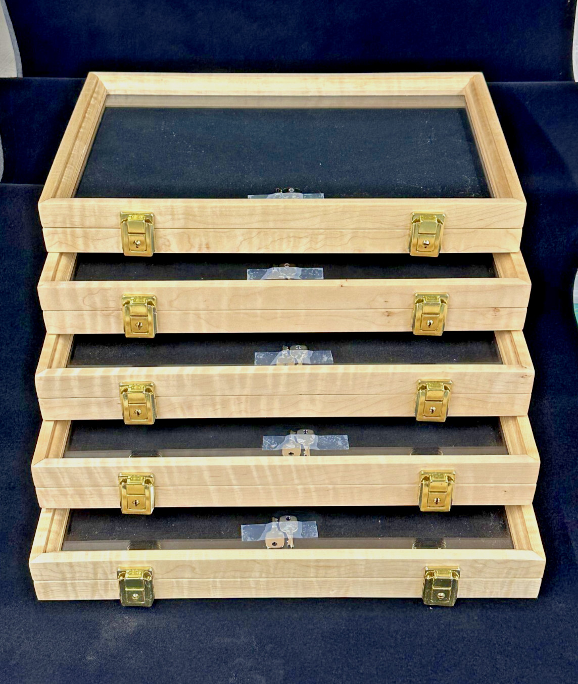 Curly Maple Wood Display Case 12 x 18 x 2 Black Liner for Arrowheads or Knives