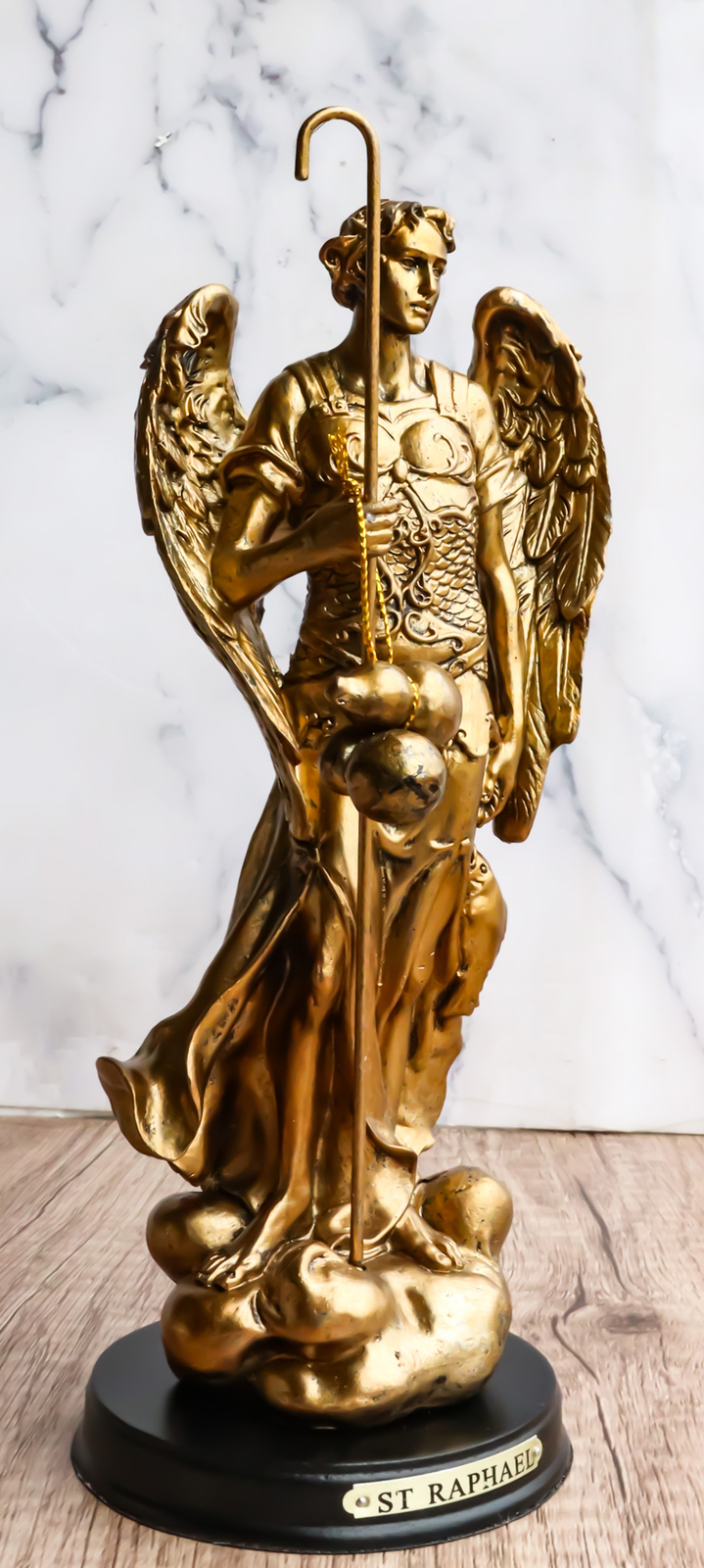 8.25"H Catholic Church Saint Archangel Raphael With Staff & Healing Oil Figurine