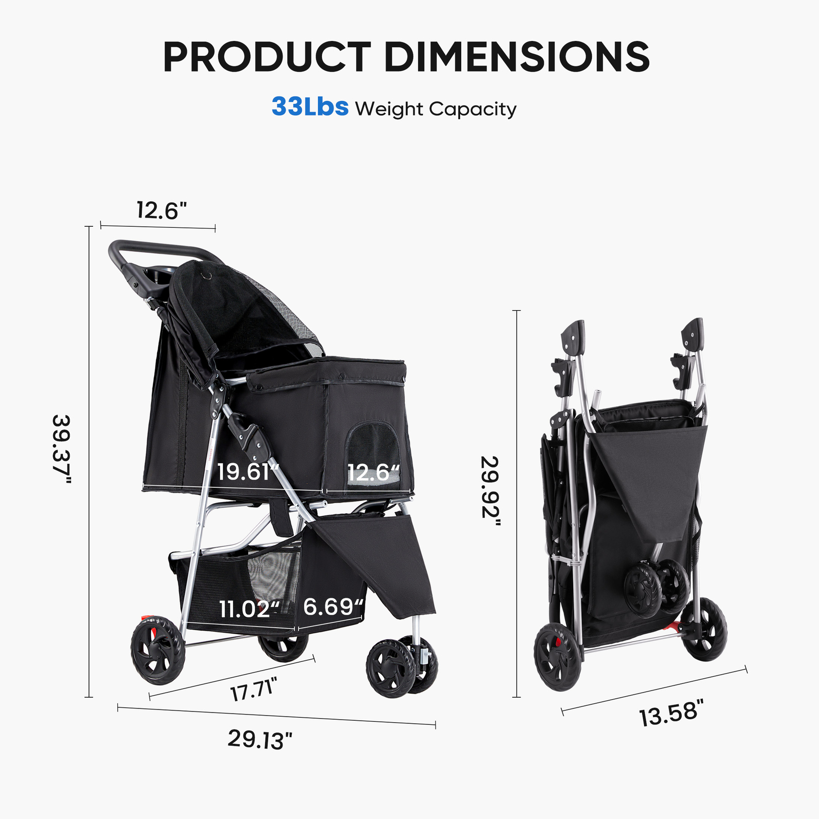 3-Wheels Outdoor Pet Travel Stroller for Small Dogs and Cats with Safety Brake