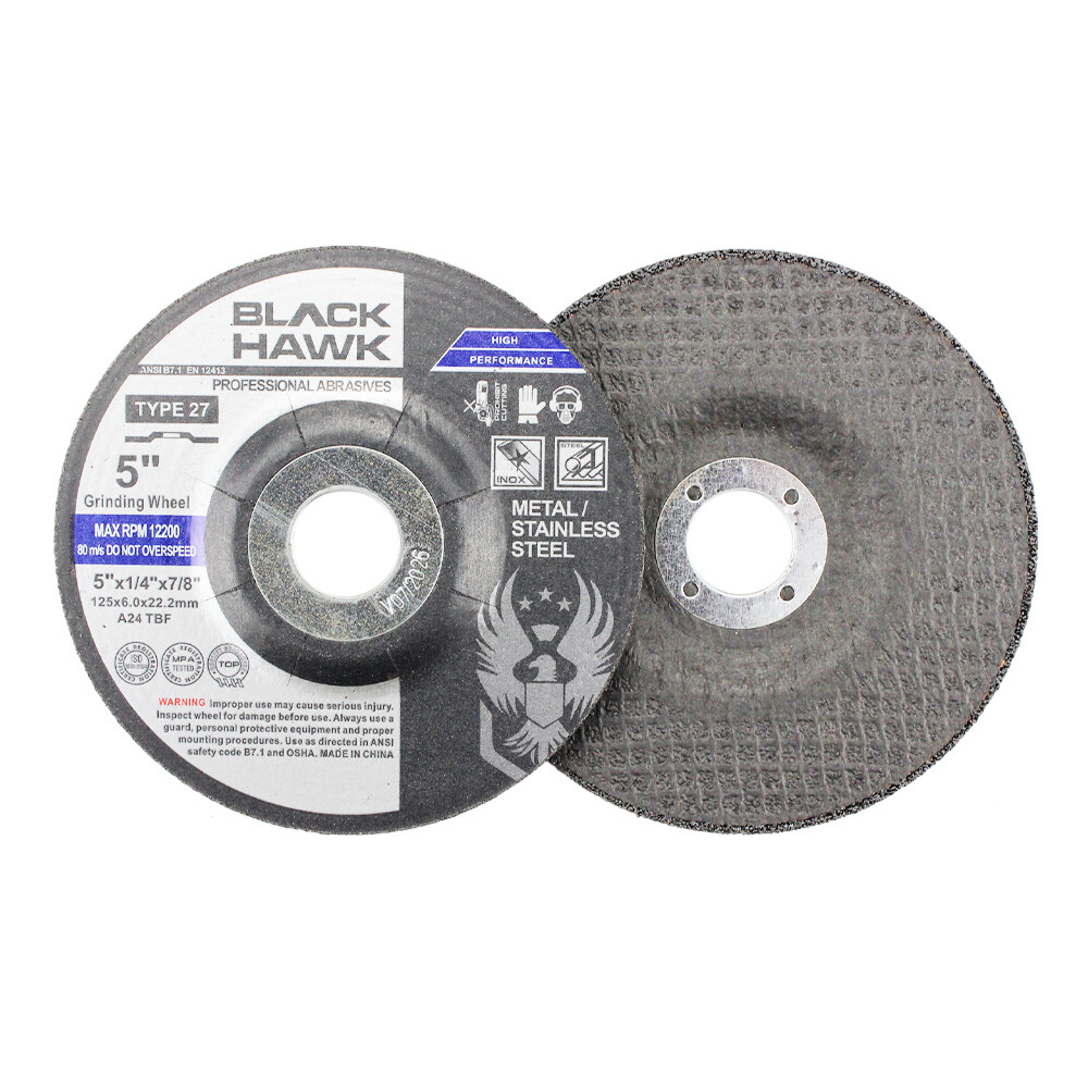 100 Pack - 5" x 1/4" x 7/8" Black Hawk Grinding Wheels T27 Discs for Metal