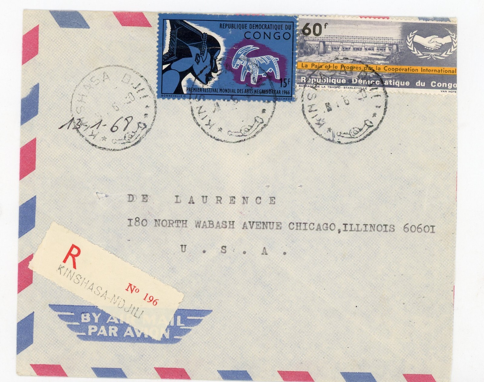 1968 Republic Congo Postage Stamps Air Mail Cover Chicago IL World Festival