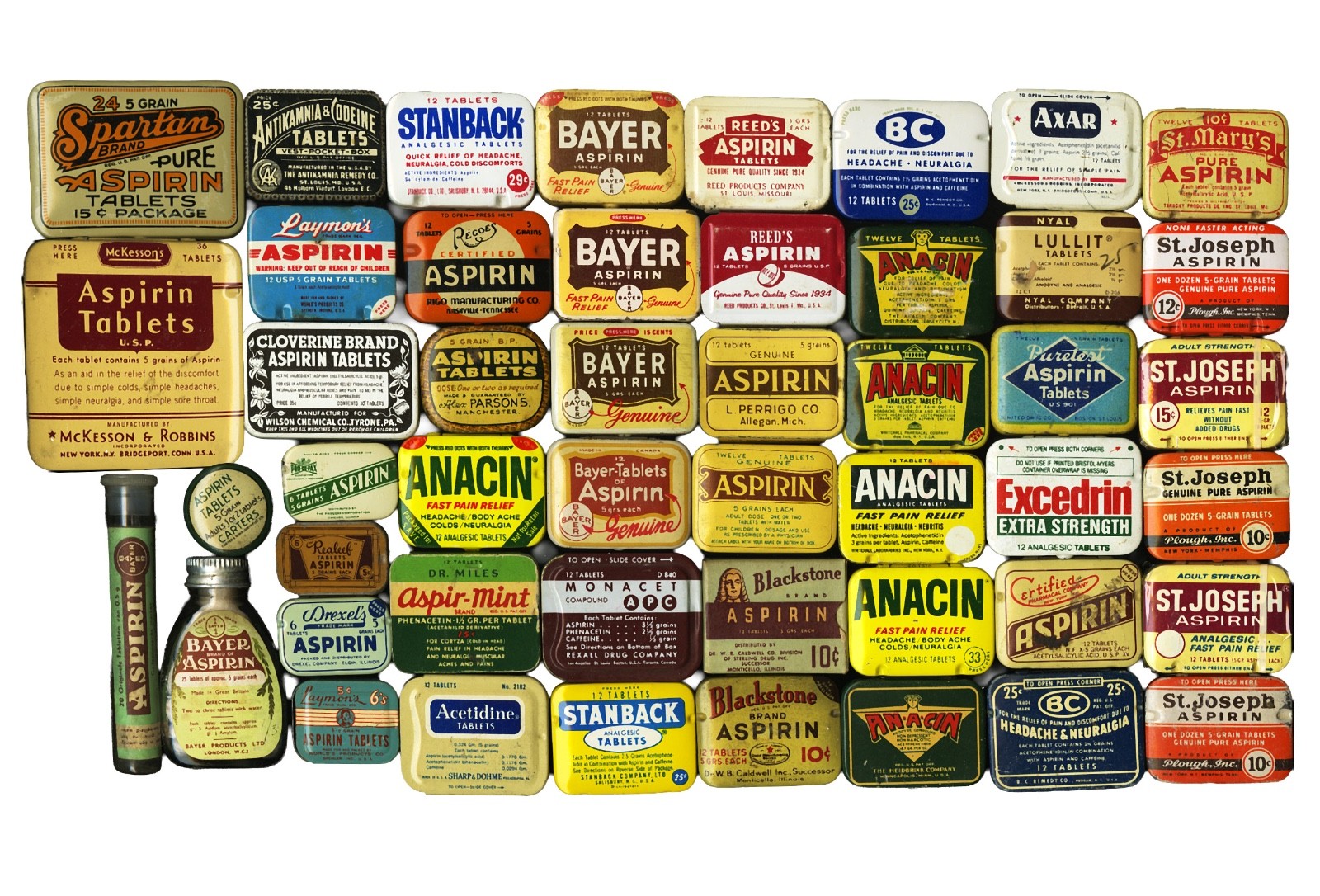 48 rare US 1920-50s empty aspirin containers in very good to excellent condition