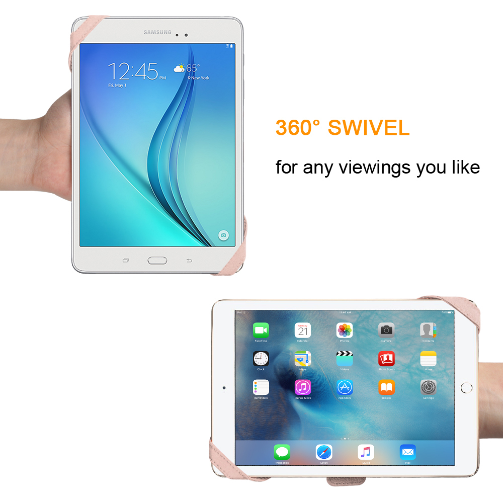 Universal Tablet Hand Strap Holder Swivel PU Leather Handle Grip w Elastic Belt