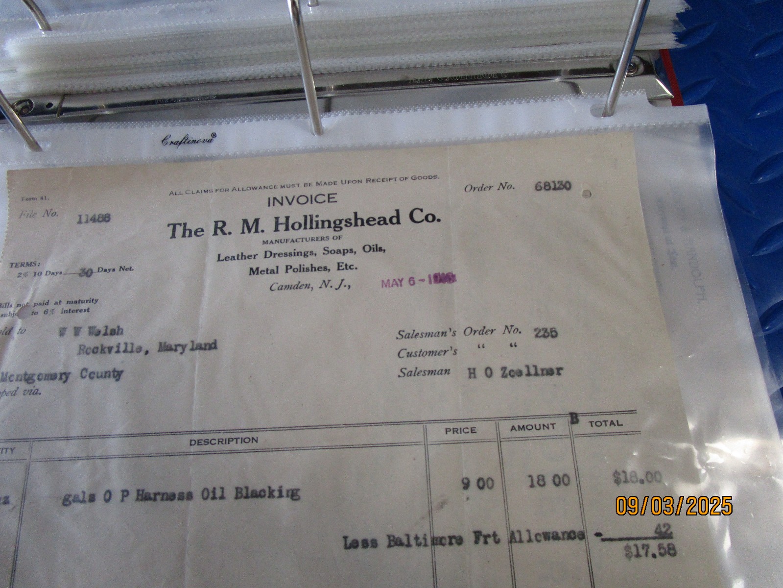 RM HOLLINGSHEAD CO CAMDEN NJ 5/6/1916 LETTER INV EPHEMERA BUY 3 FREE SHIP