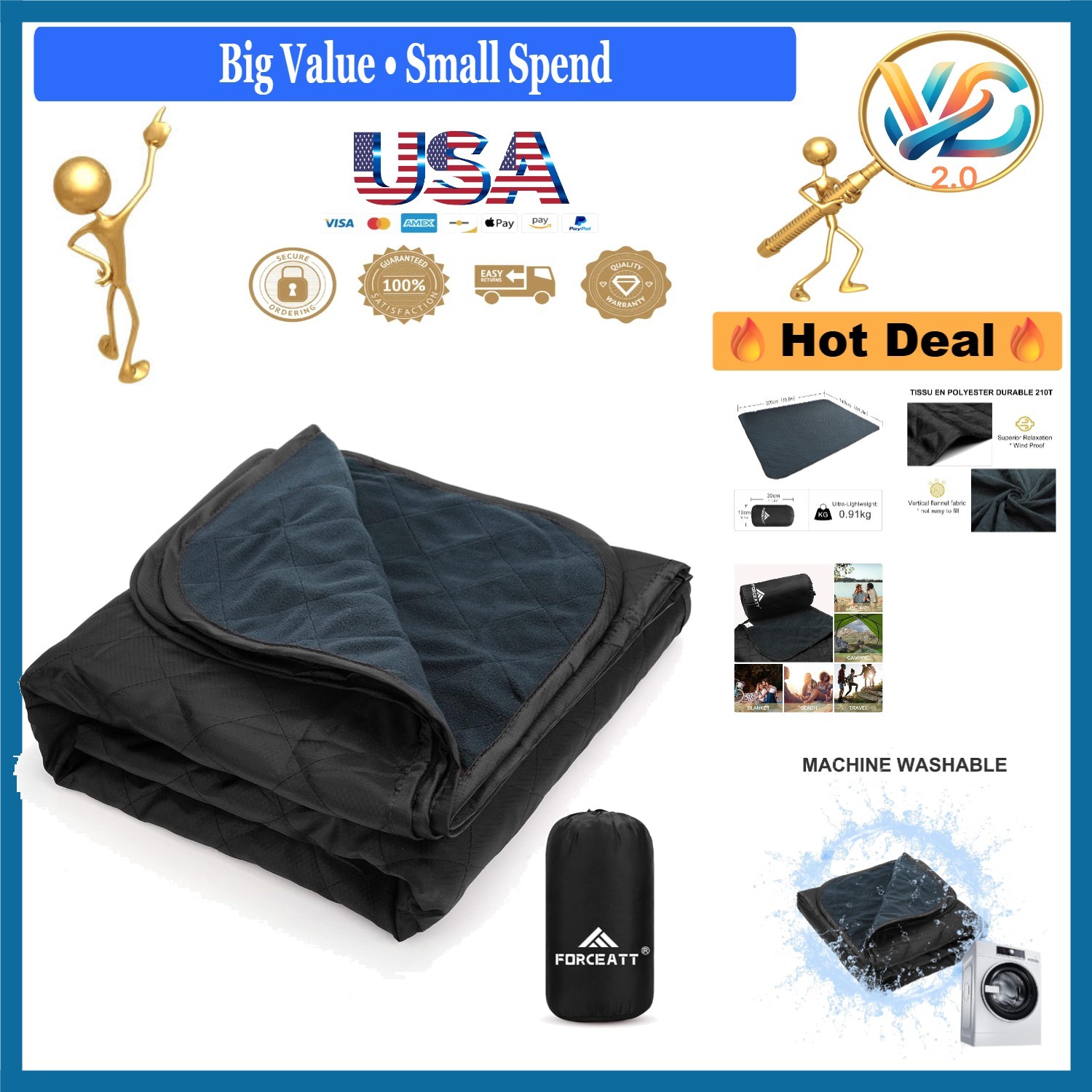 Large Waterproof Camping Blanket 79x57 Sandproof Picnic Travel Outdoor