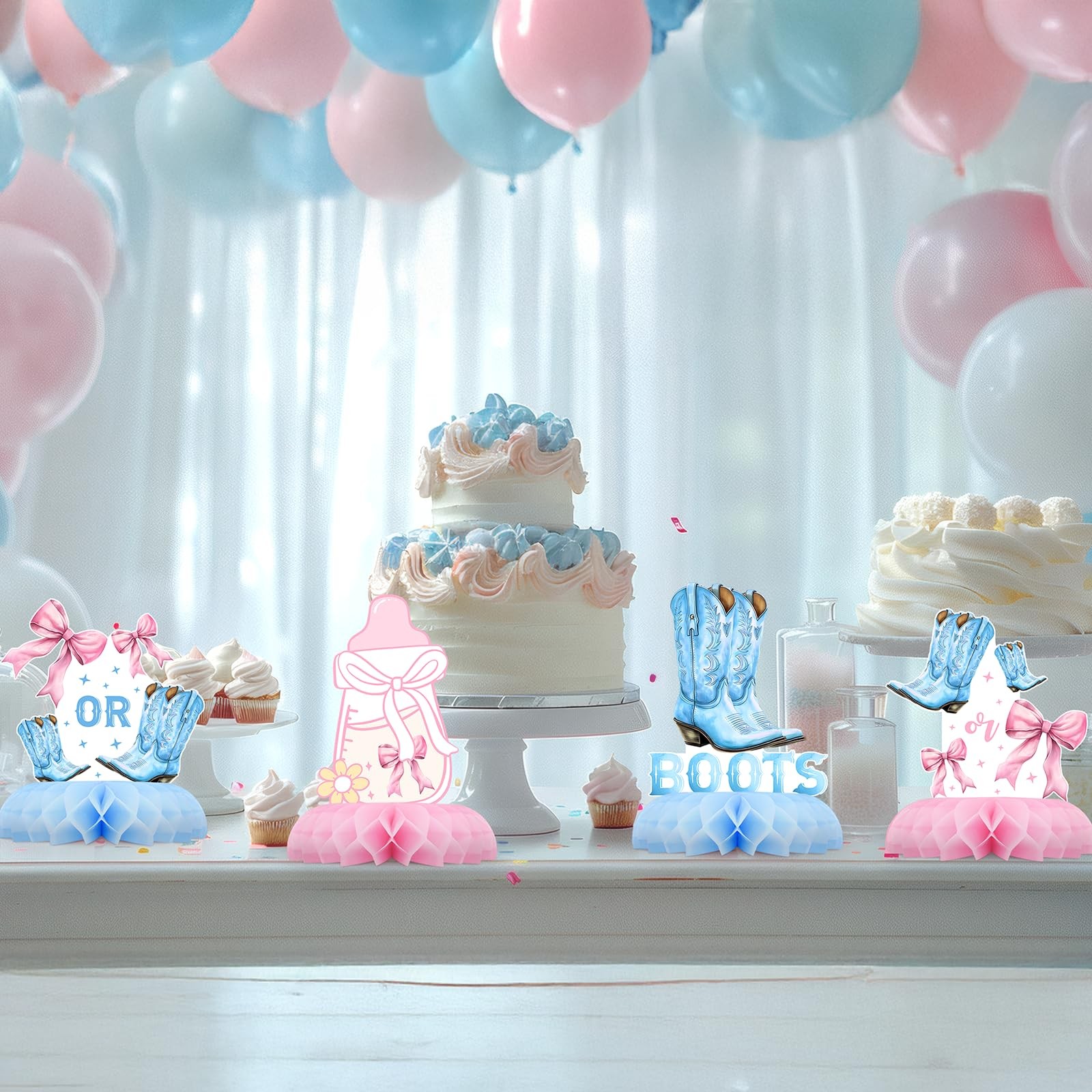 Bows or Boots Gender Reveal Table Centerpieces – 12PCS Pink and Blue Baby...