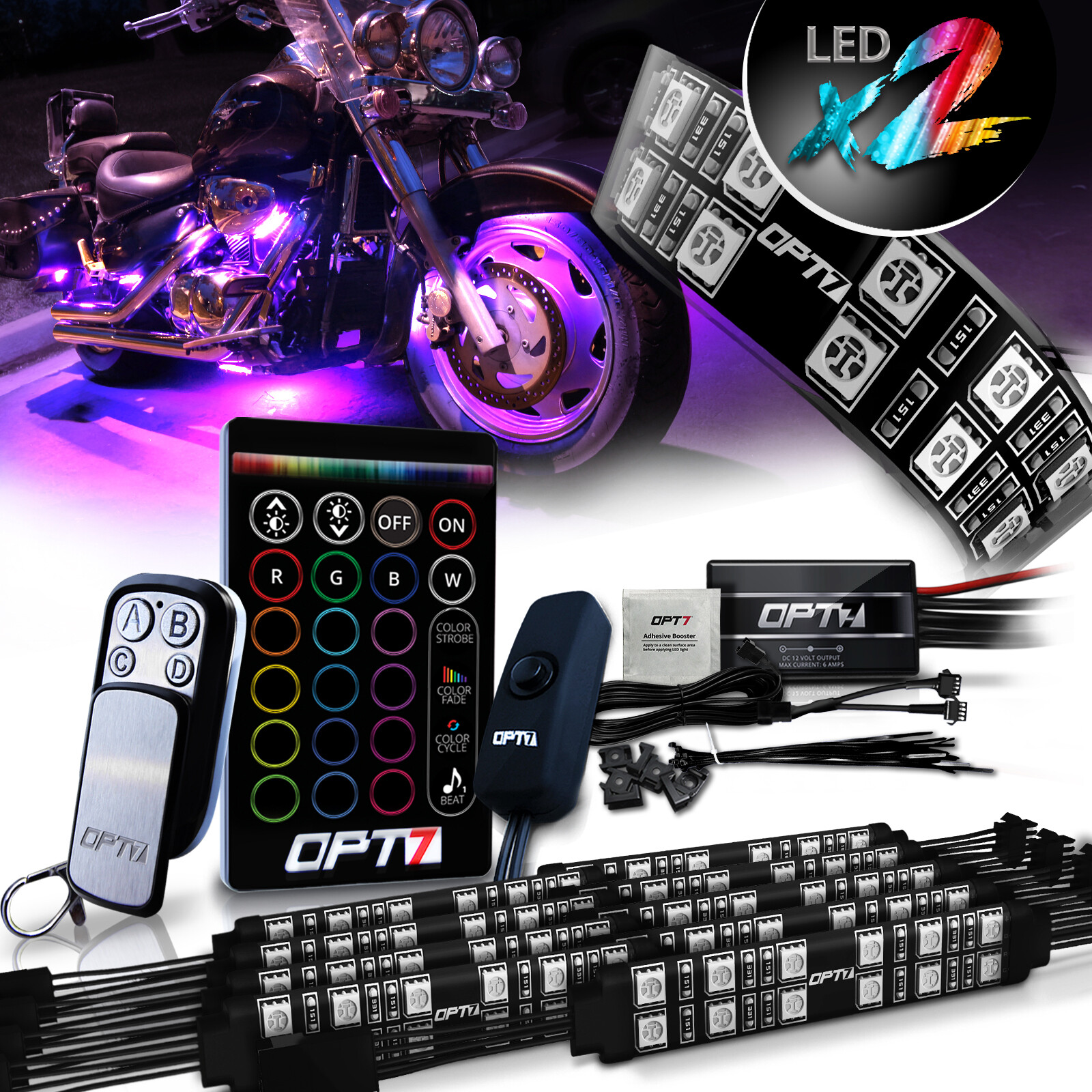 OPT7 Motorcycle LED Light Kit All-Color Underglow Neon Strip 10pc Double Cruise