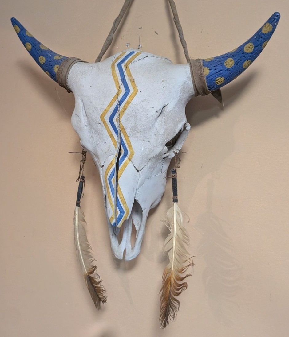 Native Hand Painted Buffalo Skull Blue And Yellow, Thunderbolts, Hung By Hyde