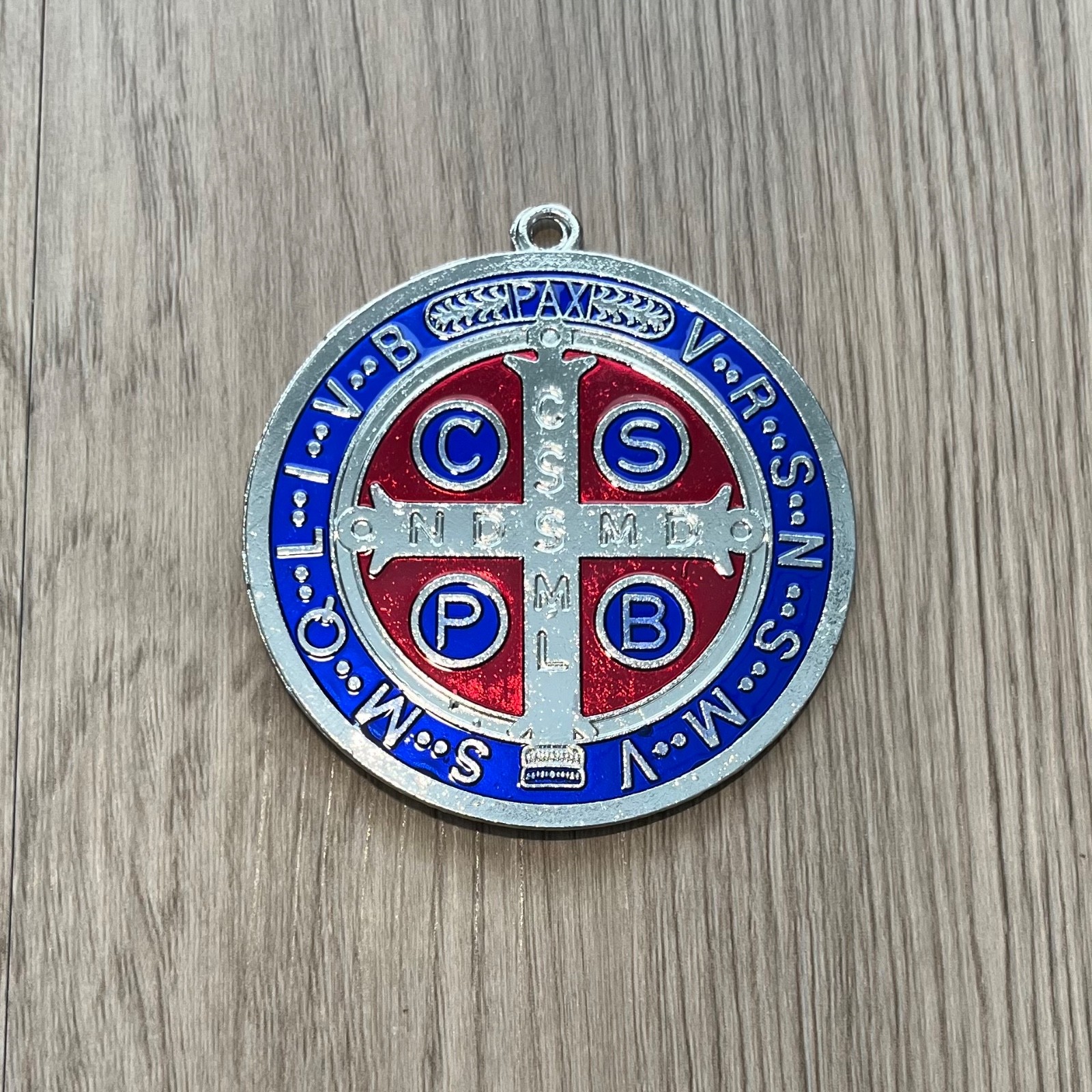 Catholic St Benedict 3” Medal Silver Blue Red Enamel Medalla Medallón San Benito