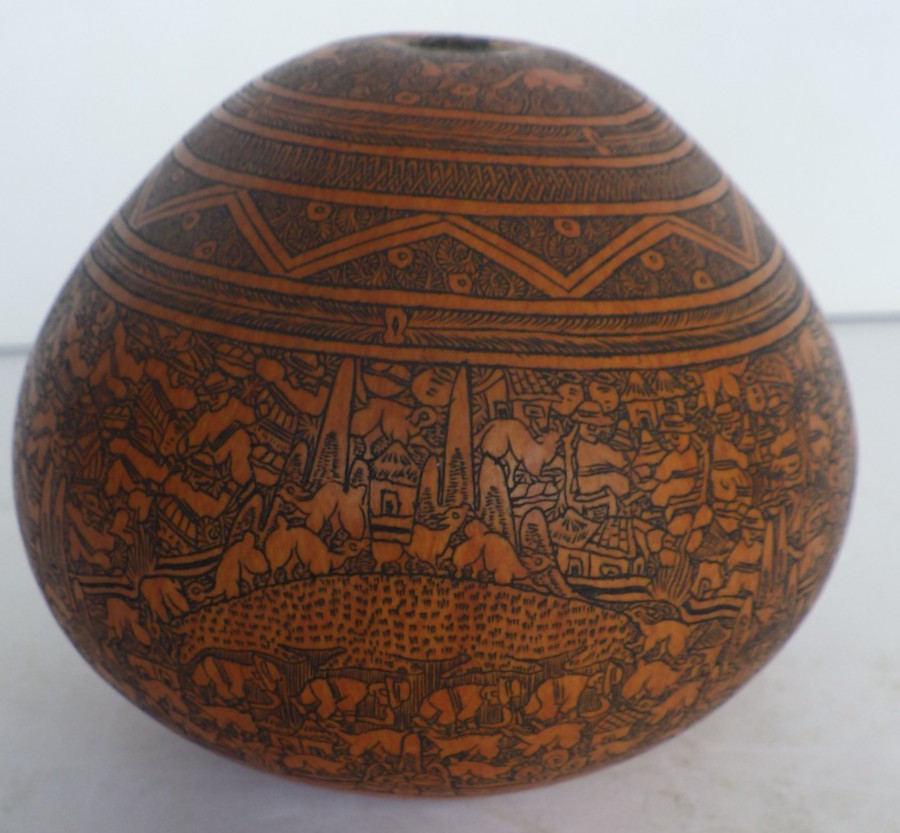 VTG Folk Art Peruvian Handcrafted Carved Gourd Intricate Detailed Story Telling