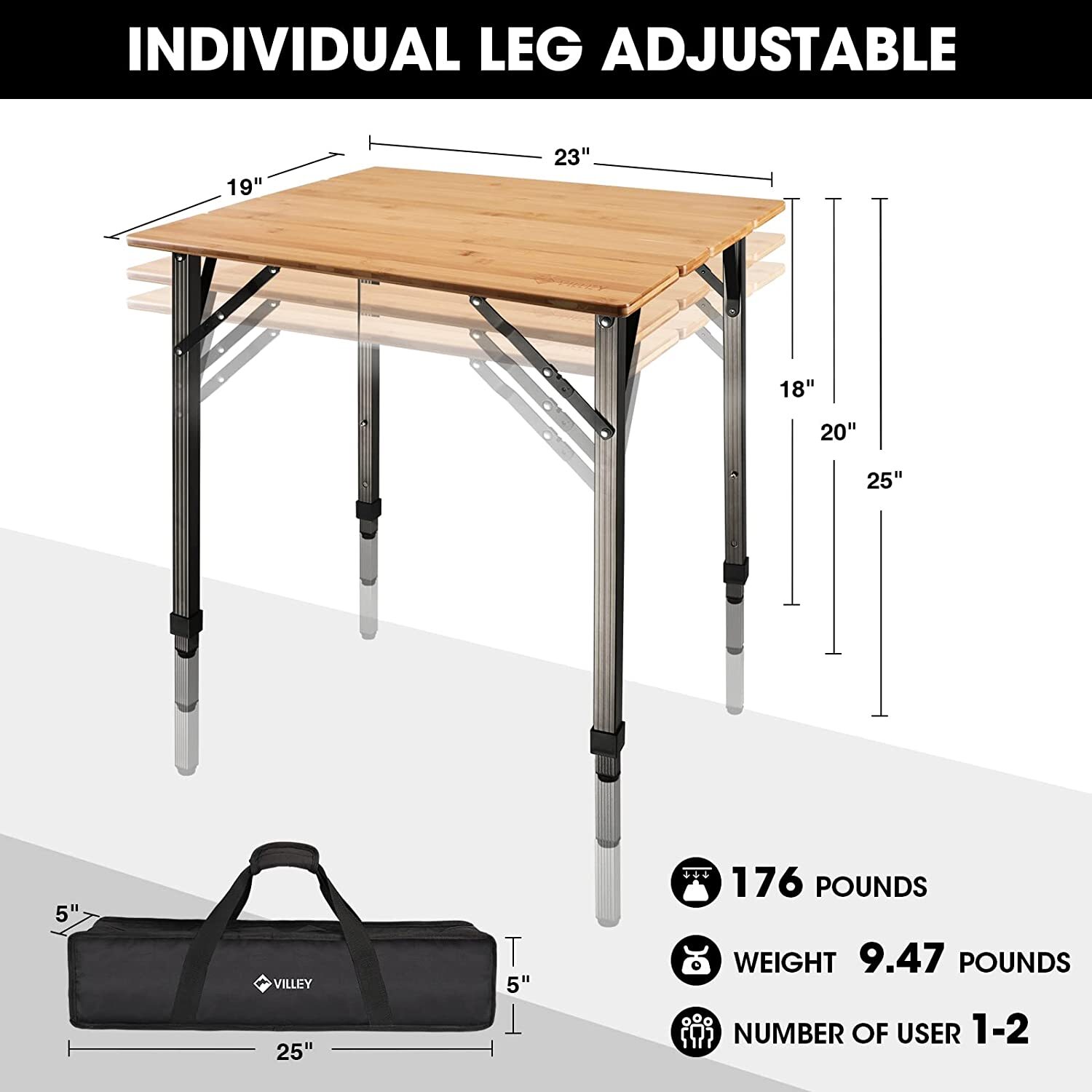 Portable Heavy Duty Camping Table Adjustable Height Bamboo Folding Table 176 lbs