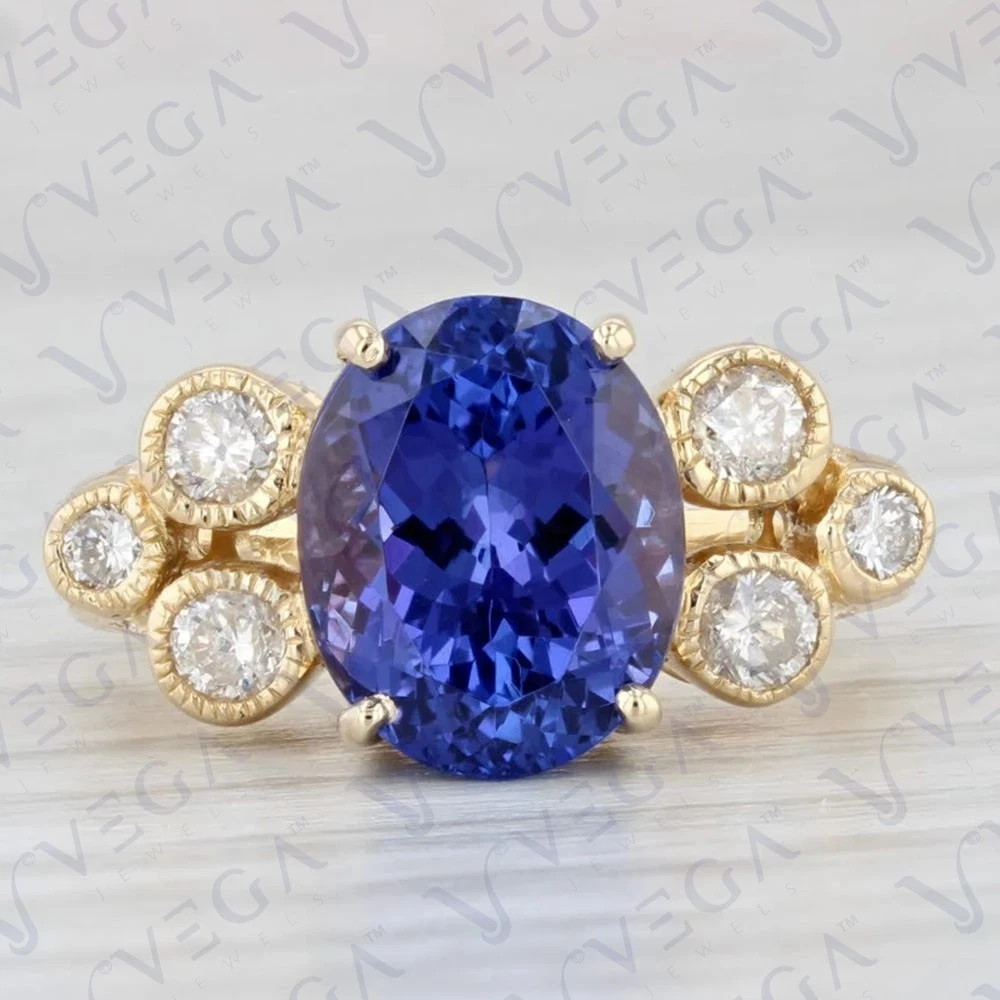 3.11 Ct Oval Cut Tanzanite Diamond Ring Wedding Ring 14K Yellow Gold