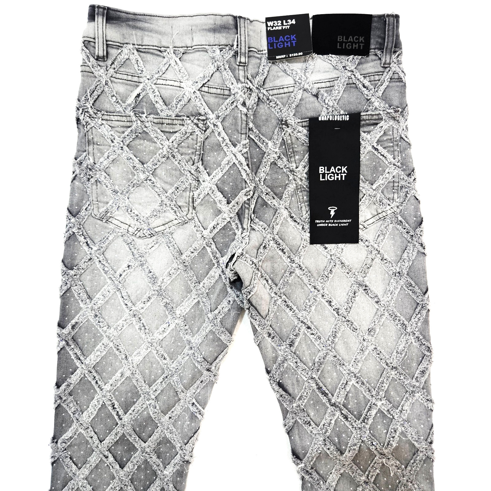 Black Light Men Jeans Stretch Slim Straight Flare Fit Grey Denim with Rhinestone