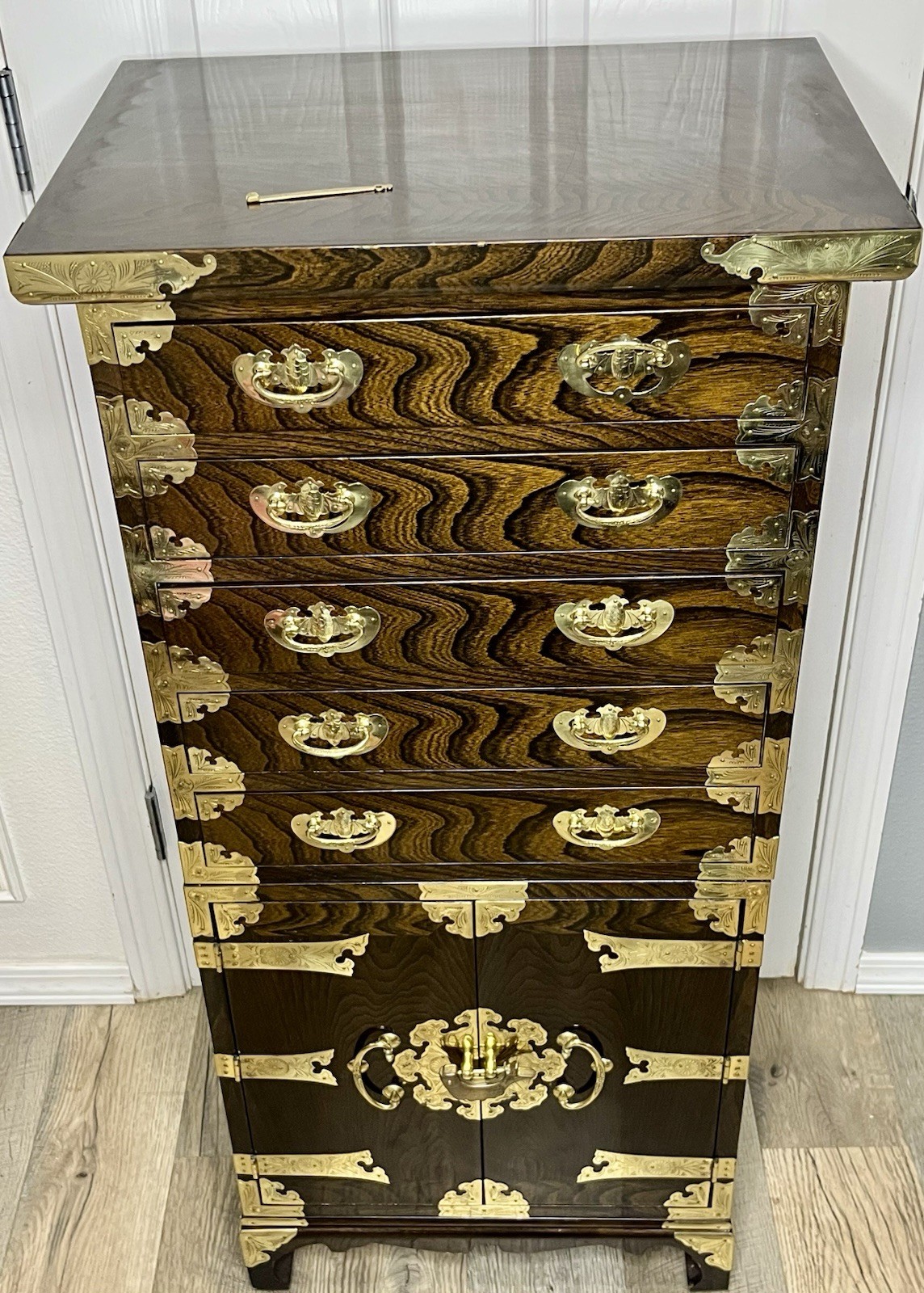 Antique 2 Piece Korean Elmwood Tansu Chest Hall Cabinet Asian Chest Of Drawers