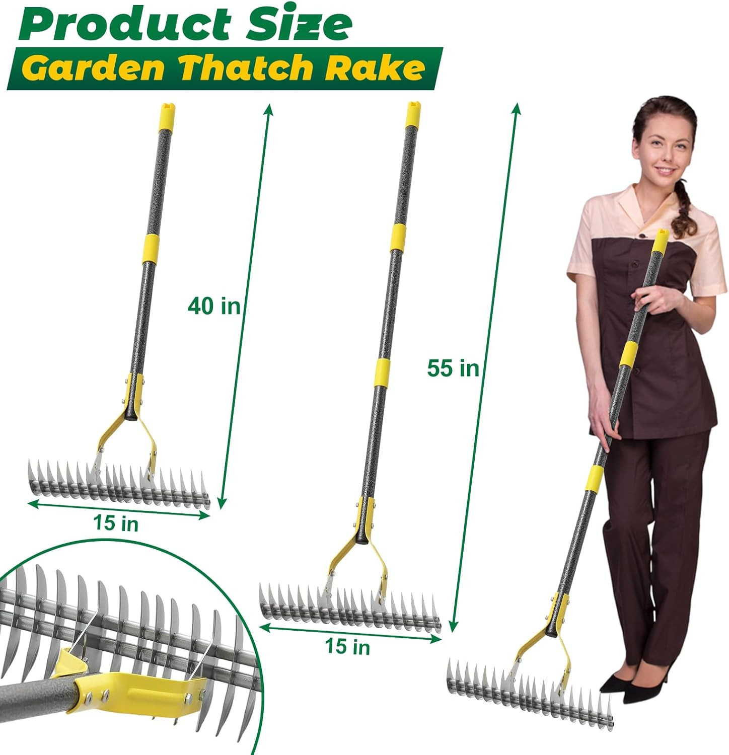 Thatch Rake,55 Inch Heavy Duty Lawn Thatching with Adjustable Stainless Steel Ha