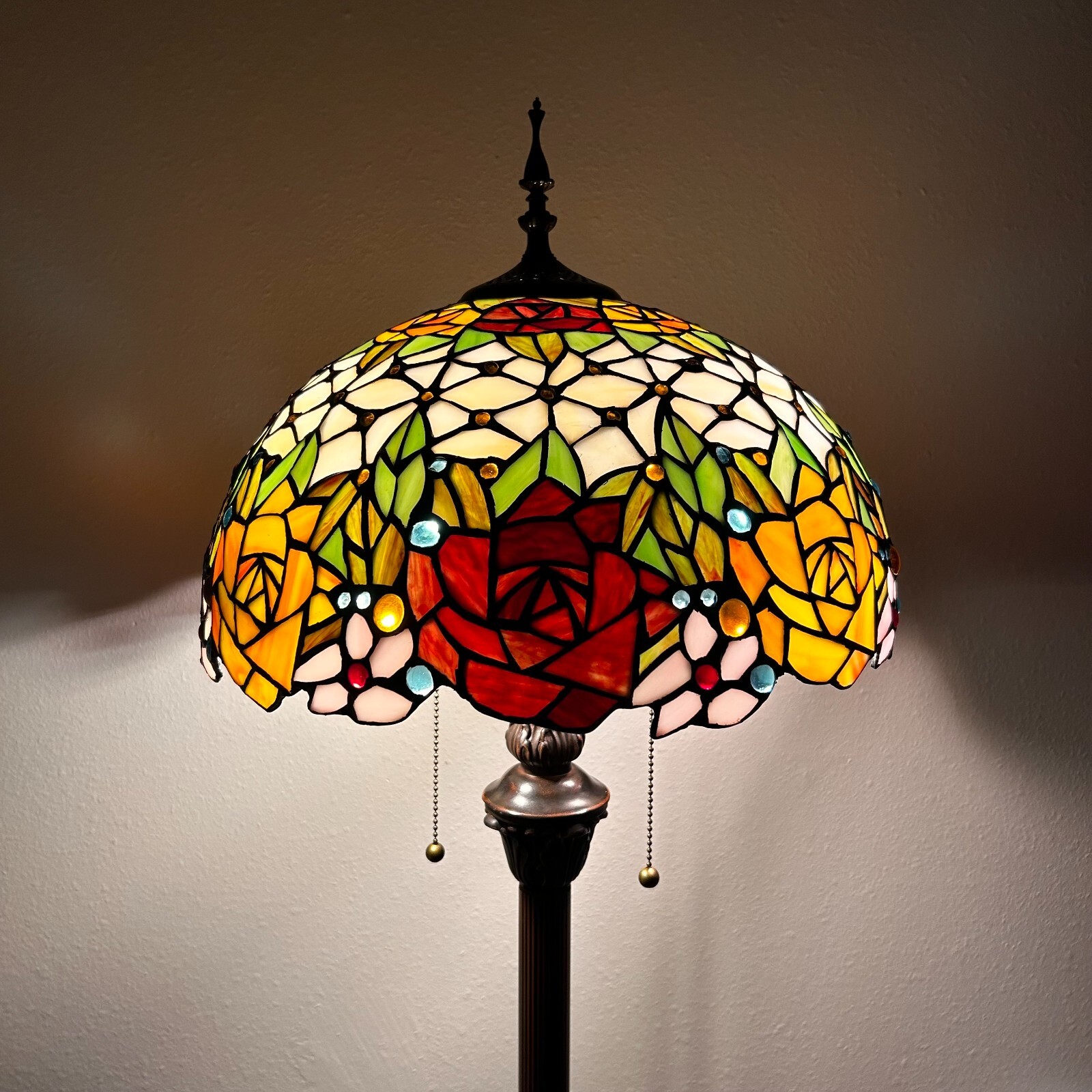 Tiffany Style Floor Lamp Stained Glass Rose Flower Metal Base LED Bulbs 64"H16"W
