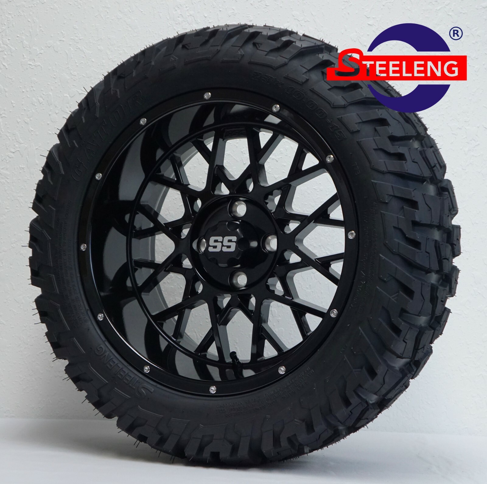 GOLF CART 15"x7" BLACK 'VENOM' WHEELS and 23"x10"-15" DOT GATOR A/T TIRES