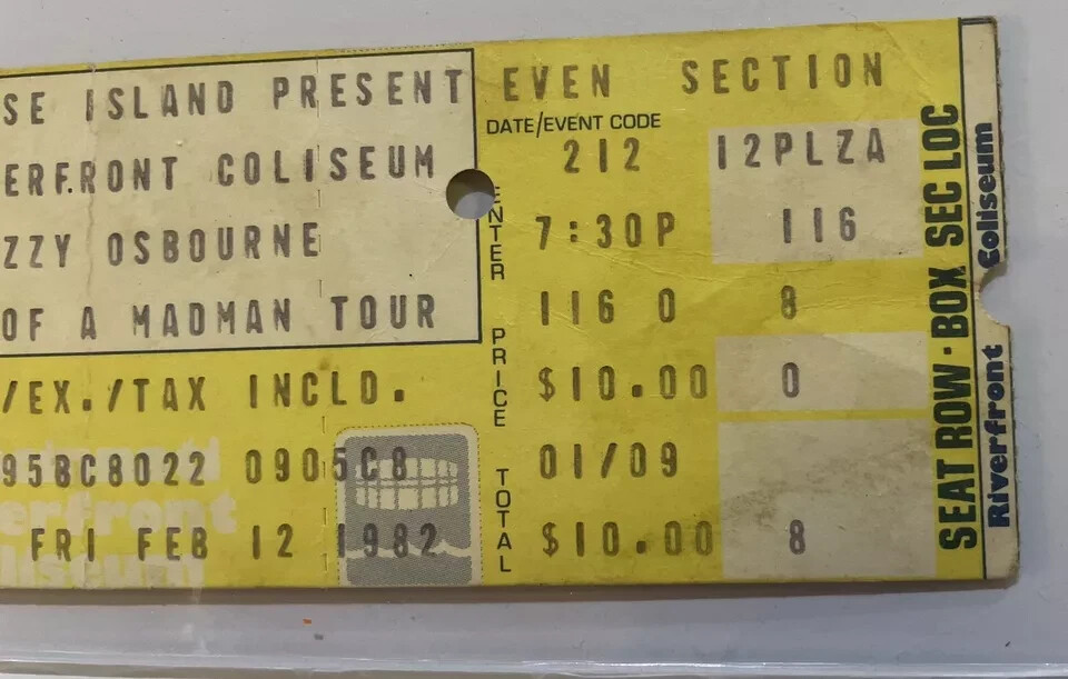 OZZY OSBOURNE 1982 CONCERT TICKET STUB*RANDY RHOADS*2/12/82*CINCINNATTI**RARE**