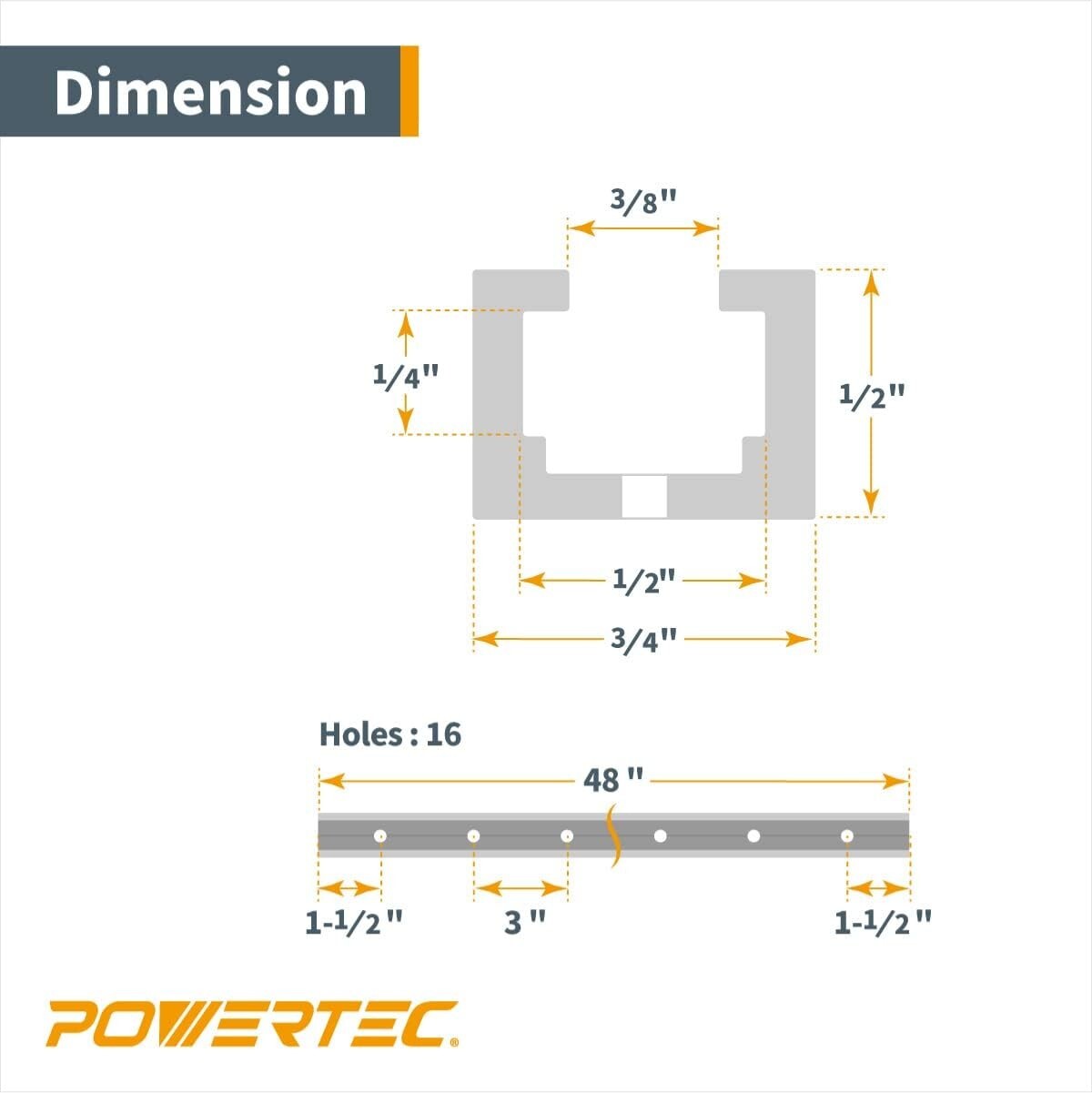 POWERTEC T-Track 48" Heavy Duty T Slot Track Mounting for 1/4??-20 Hex Bolt, 2PK