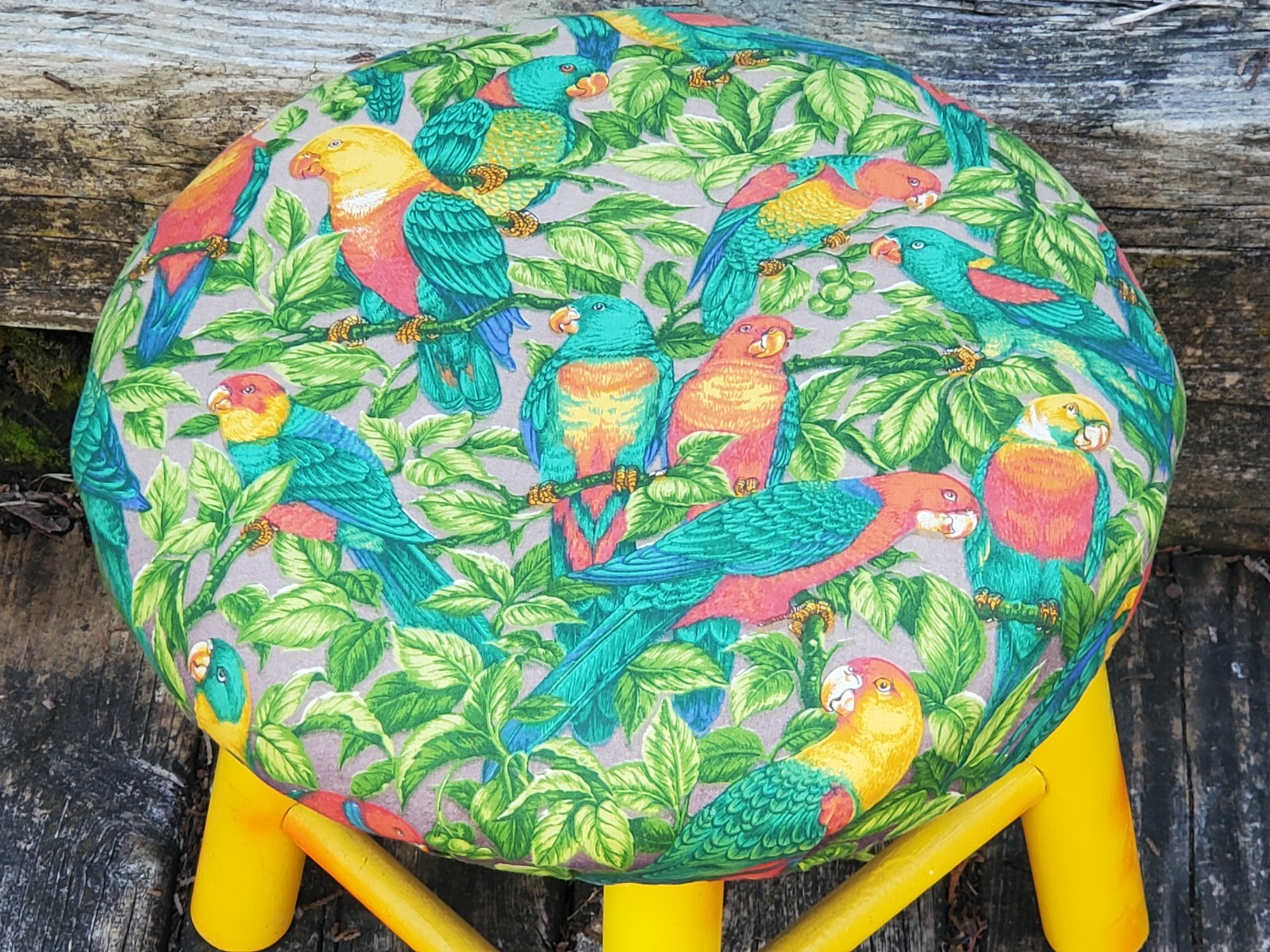 Parrot Jungle Paradise Love Birds Footstool Wood Base Colorful Hand Made As Is