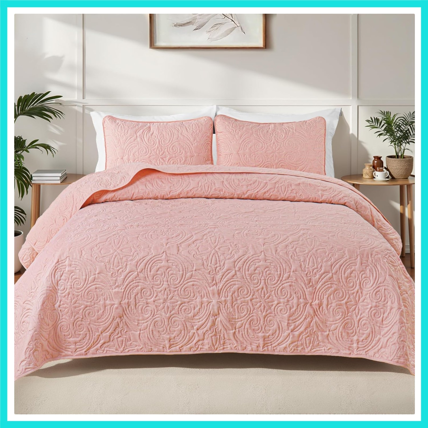 Quilts Queen Size Bedding Set with 2 Pillow Shams, Lightweight Blush Pink Ful...